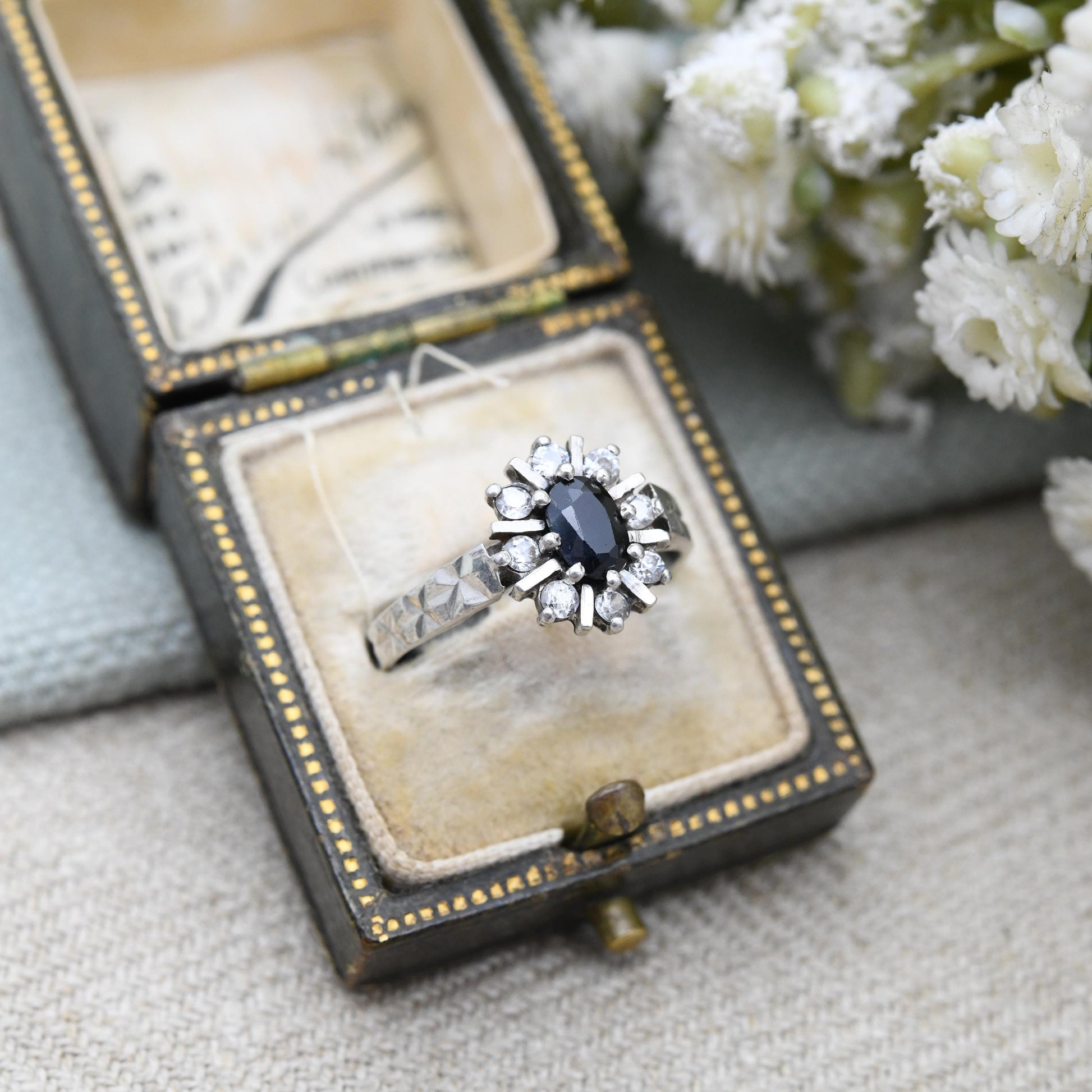 Vintage Sterling Silver Sapphire Halo Ring Star Cut Band - Mid-Century Sparkly Cocktail Ring with Clear Stones | UK Size - N 1/2 US Size - 7