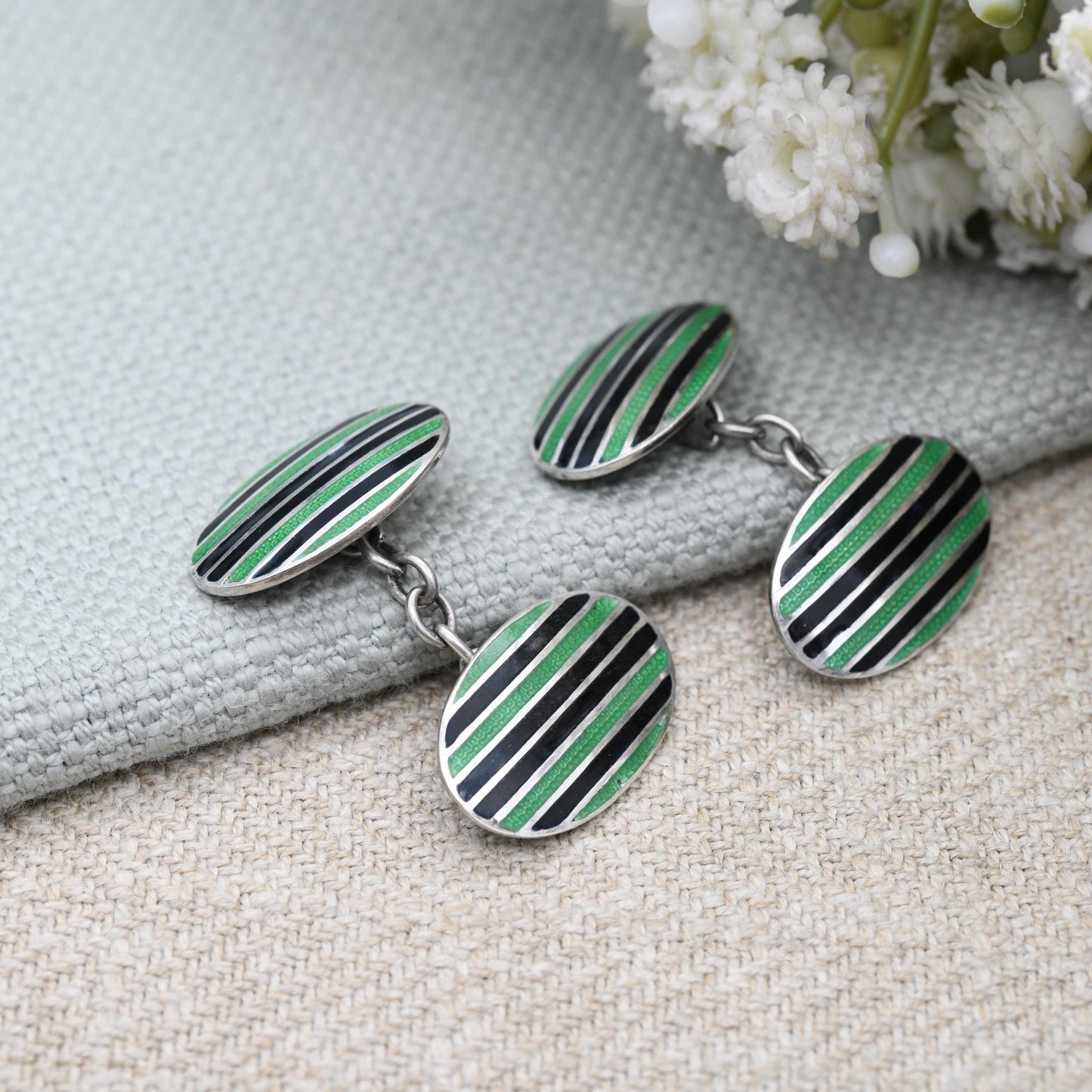 Vintage Sterling Silver Guilloche Enamel Cufflinks Black and Green - c. 1940 1950 Mid-Century Silver Jewellery Gift | Oval Panel Chain Link