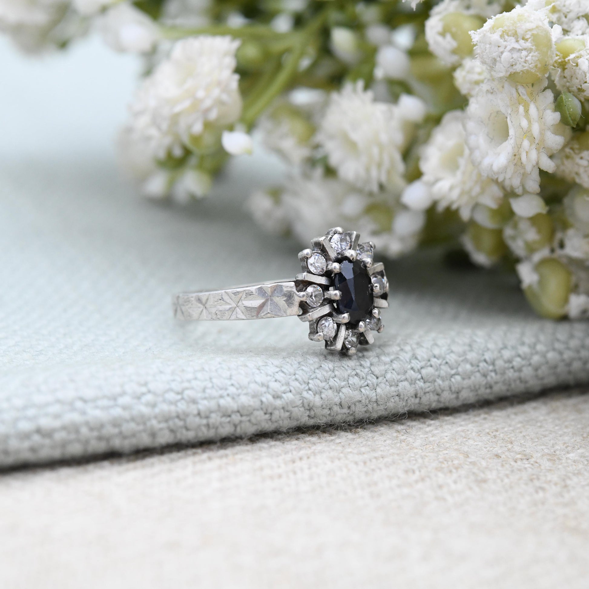 Vintage Sterling Silver Sapphire Halo Ring Star Cut Band - Mid-Century Sparkly Cocktail Ring with Clear Stones | UK Size - N 1/2 US Size - 7