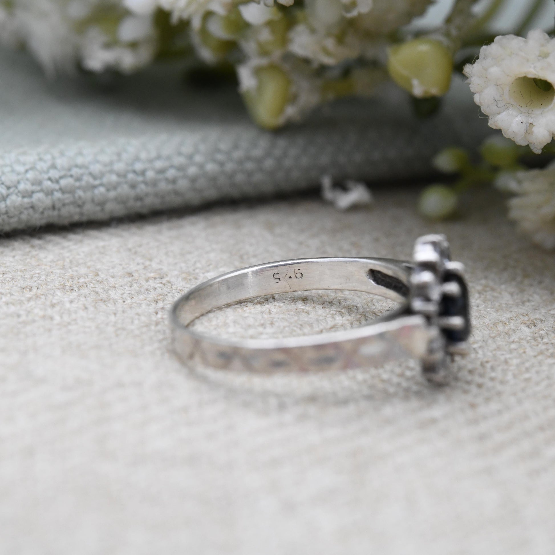 Vintage Sterling Silver Sapphire Halo Ring Star Cut Band - Mid-Century Sparkly Cocktail Ring with Clear Stones | UK Size - N 1/2 US Size - 7
