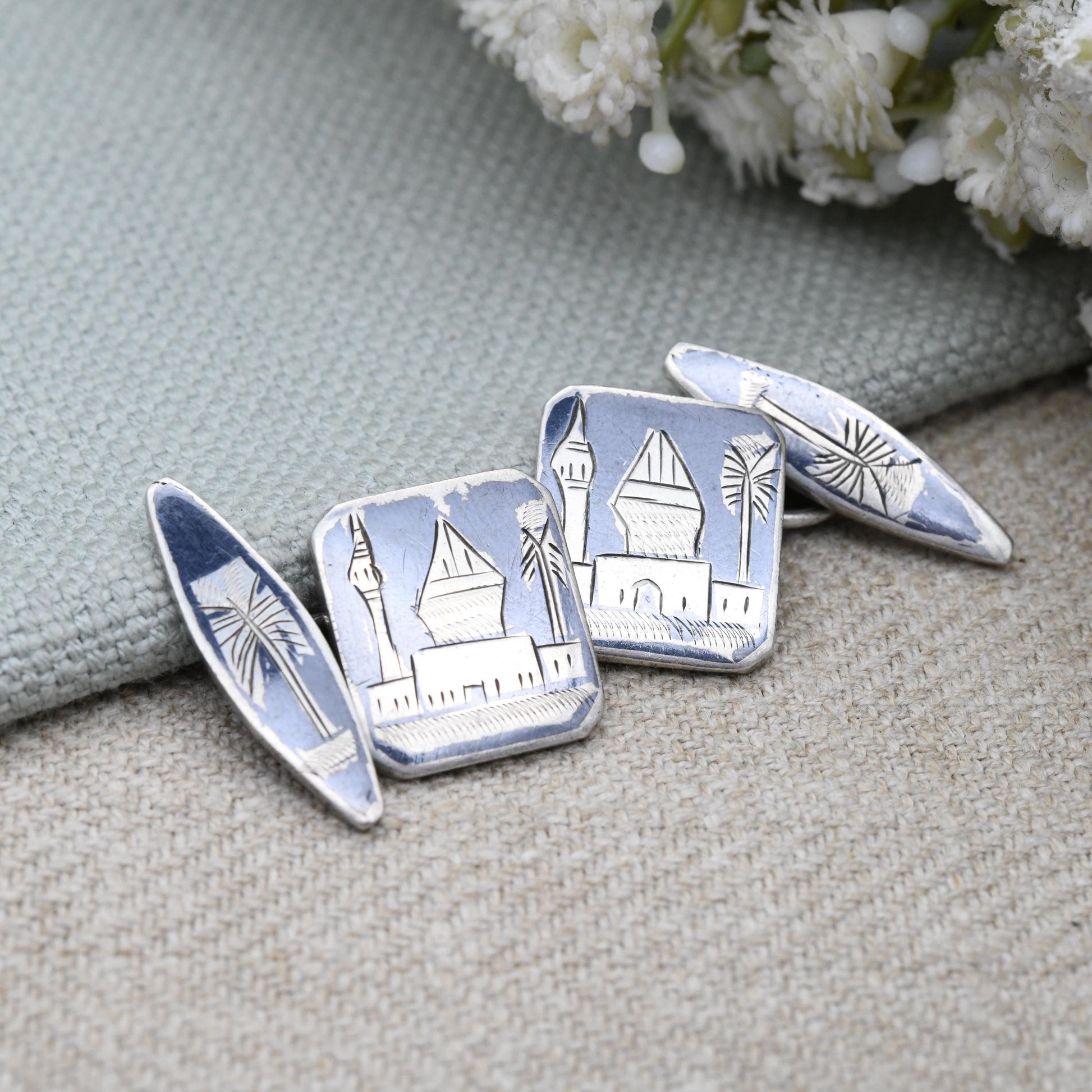 Vintage Silver Black Niello Cufflinks Hand Engraved Mosque and Palm Tree Design - c. 1950 Silver Souvenir Jewellery Gift for Him Chain Links