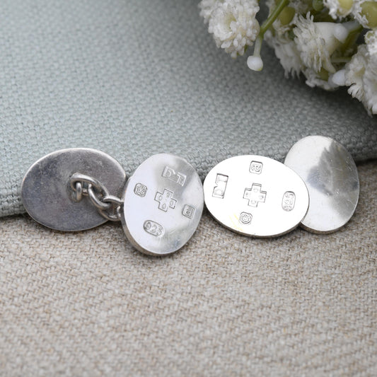 Vintage Sterling Silver Hallmark Cufflinks Year 2000 Millennium - Oval and Chain Quality Minimal Luxury Jewellery Gift for Him | DT Hallmark
