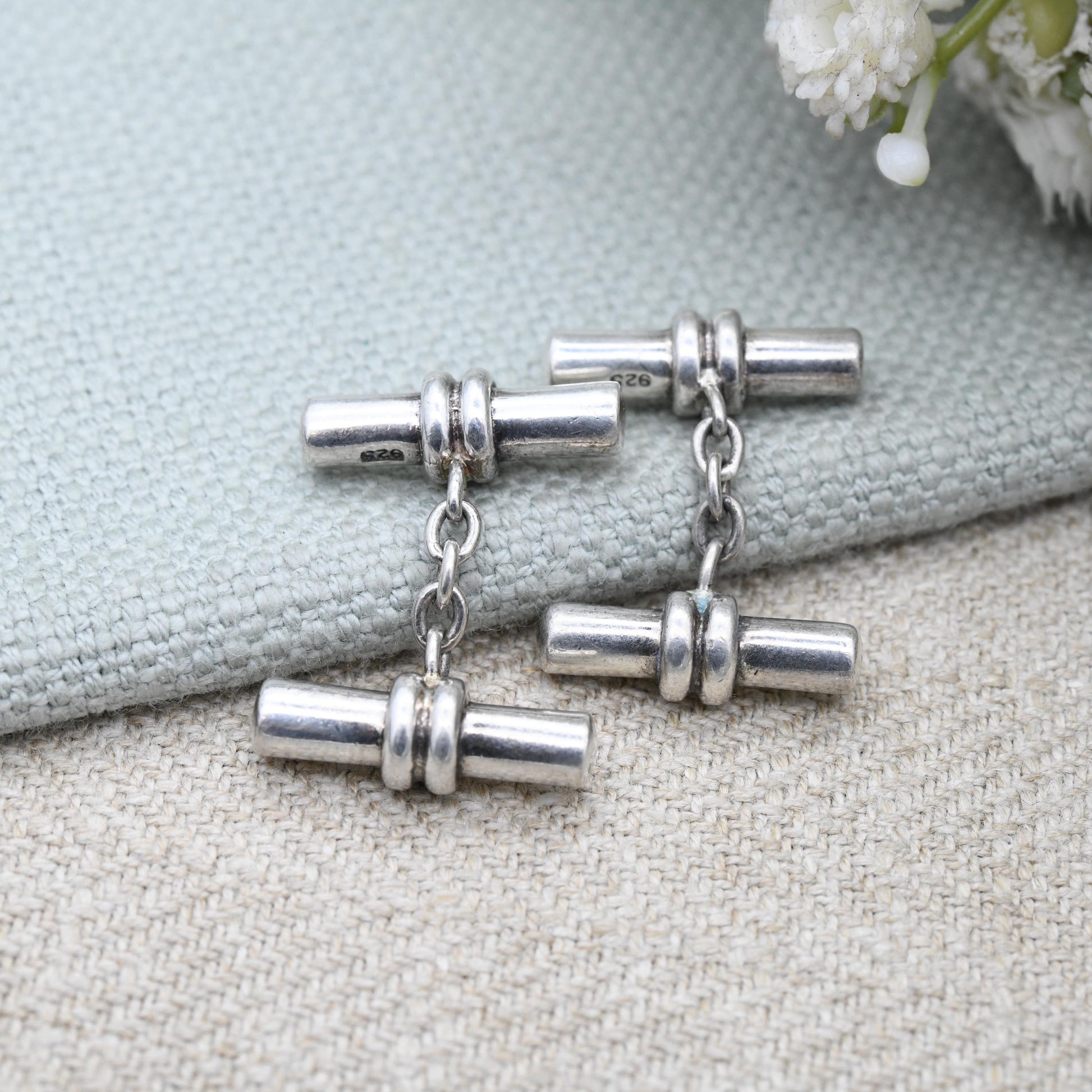 Vintage Sterling Silver Chain and Barrel Cufflinks T Bar Shape - Minimalist Solid Silver Jewellery Gift for Him | Dress Shirt Accessory