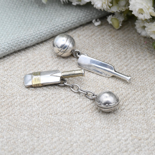 Vintage Sterling Silver Cufflinks Cricket Bat and Ball Chain - Mid-Century Figural Silver Jewellery Gift for Him Cricketer | Shirt Accessory