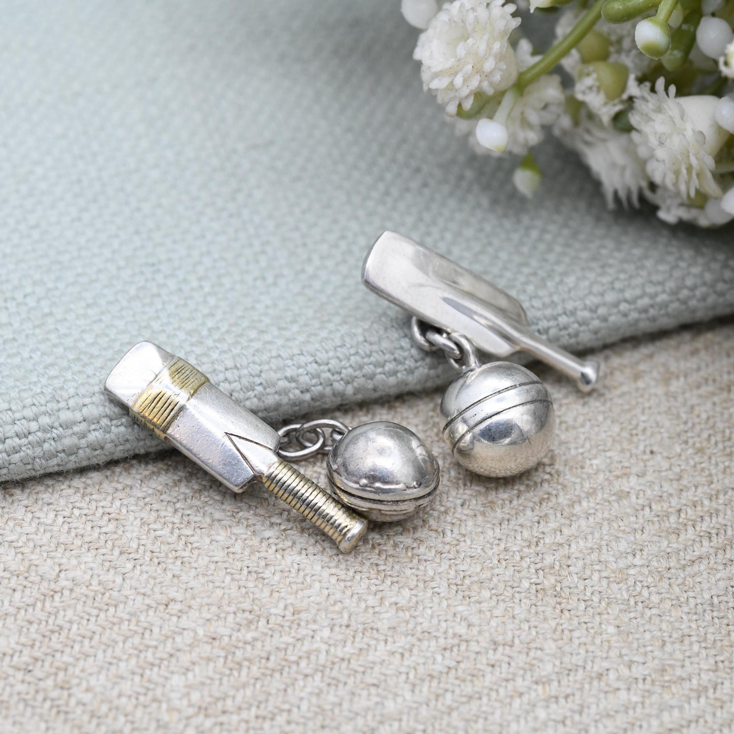 Vintage Sterling Silver Cufflinks Cricket Bat and Ball Chain - Mid-Century Figural Silver Jewellery Gift for Him Cricketer | Shirt Accessory