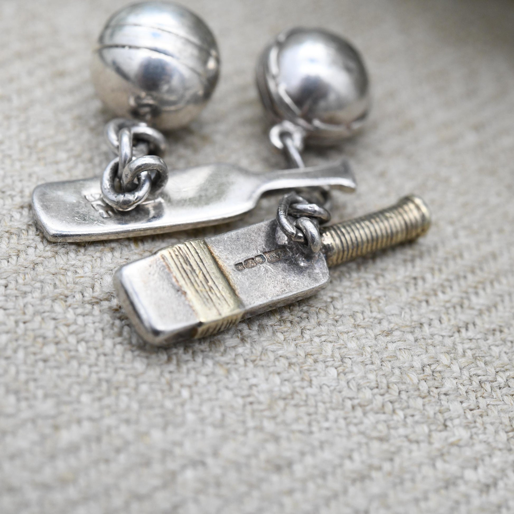 Vintage Sterling Silver Cufflinks Cricket Bat and Ball Chain - Mid-Century Figural Silver Jewellery Gift for Him Cricketer | Shirt Accessory
