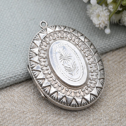 Antique Victorian Sterling Silver Locket 1890 with Hand Engraved Flower Design - Ornate Border Large Oval Pendant Hallmarked Solid Silver