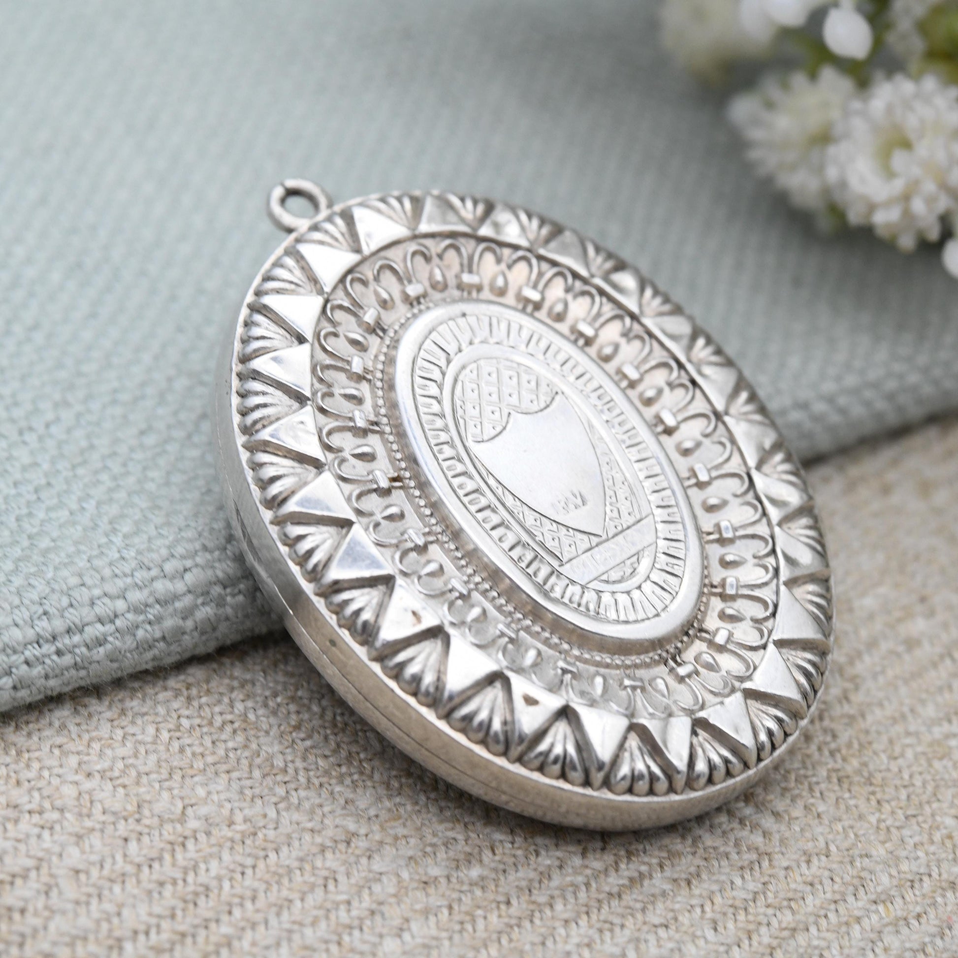 Antique Victorian Sterling Silver Locket 1890 with Hand Engraved Flower Design - Ornate Border Large Oval Pendant Hallmarked Solid Silver