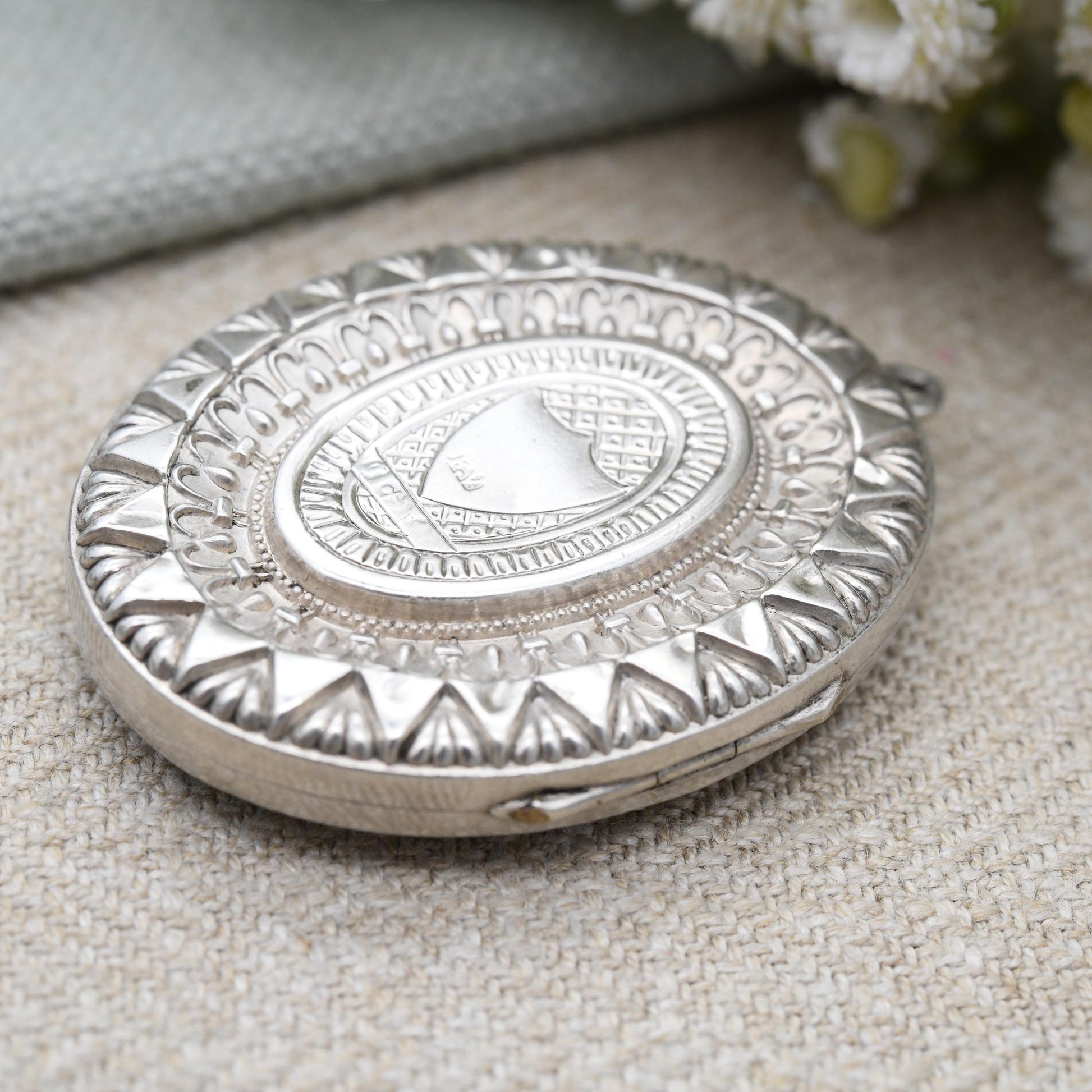 Antique Victorian Sterling Silver Locket 1890 with Hand Engraved Flower Design - Ornate Border Large Oval Pendant Hallmarked Solid Silver