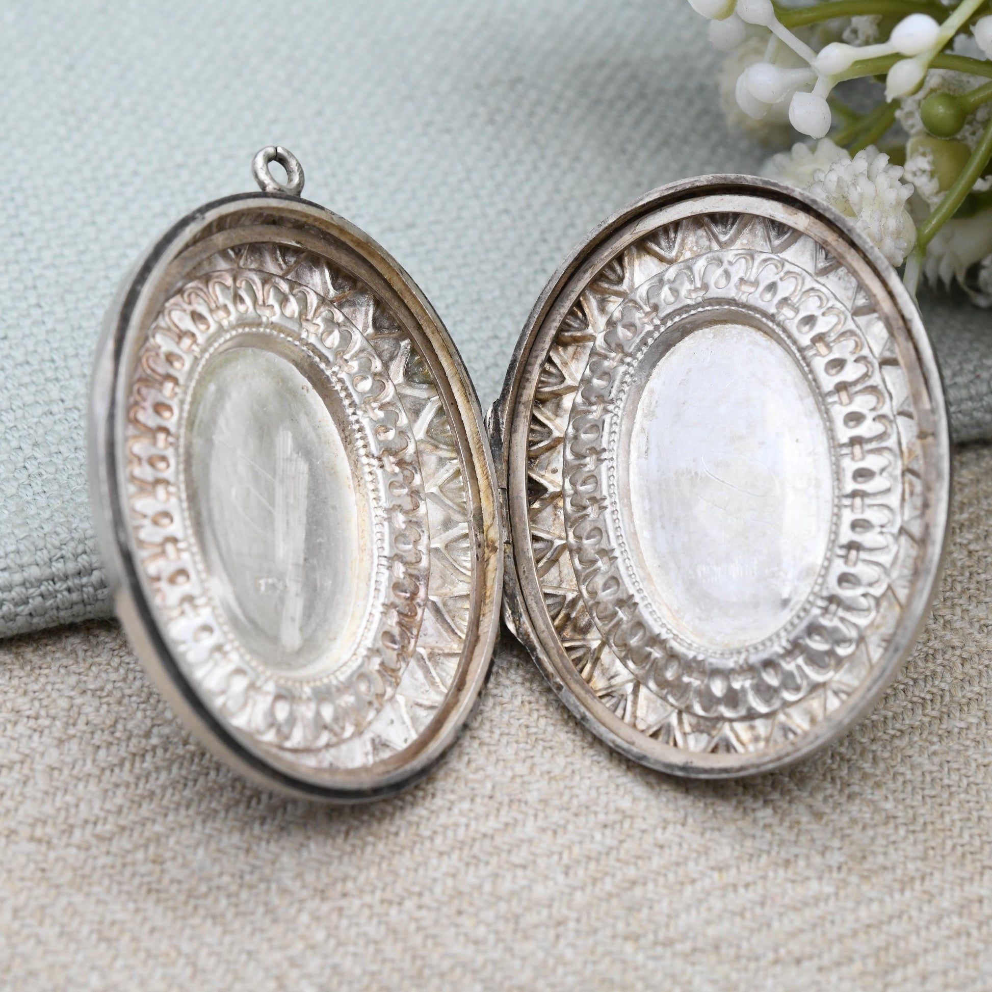 Antique Victorian Sterling Silver Locket 1890 with Hand Engraved Flower Design - Ornate Border Large Oval Pendant Hallmarked Solid Silver