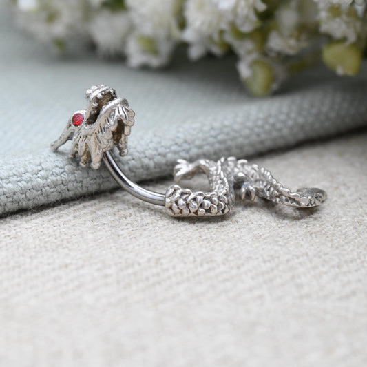 Sterling Silver Dragon Belly Bar with Red Eyes - Stainless Steel Bar | Split Chinese Dragon Design | Textured Scales Wyvern