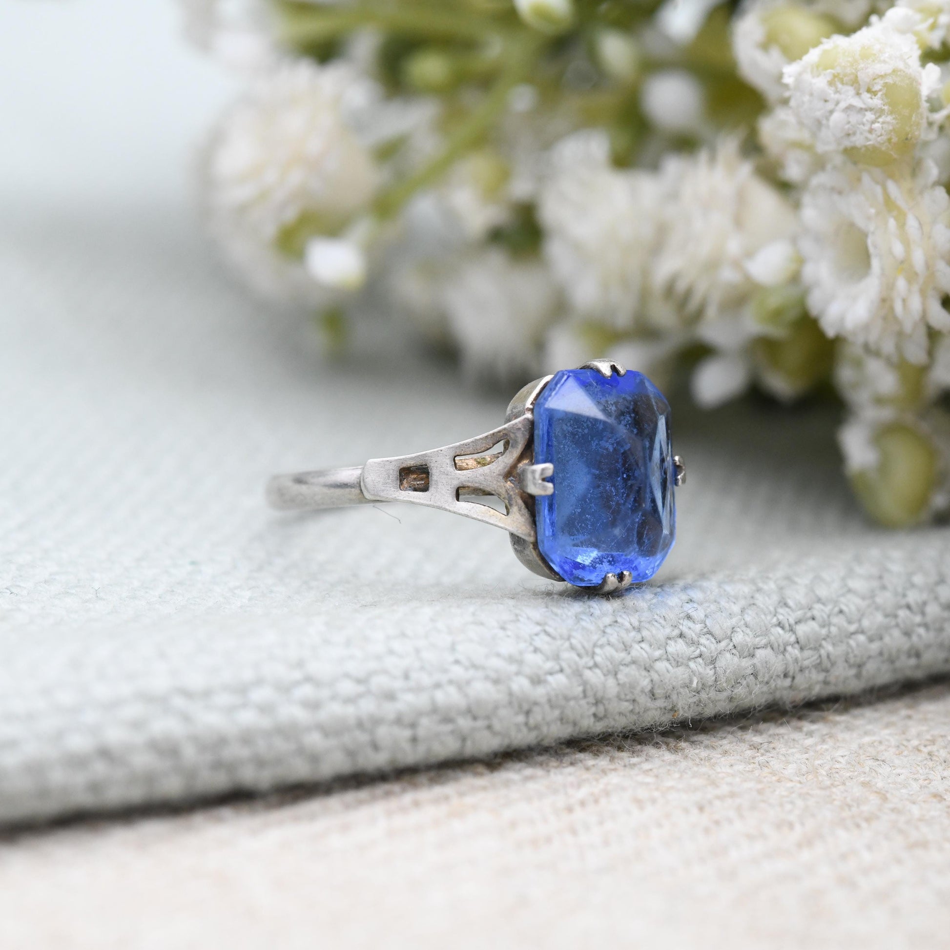 Antique Art Deco Sterling Silver Ring with Large Blue Paste Stone - c. 1920s 1930s Cocktail Statement Ring | UK Size - O | US Size - 7 1/4