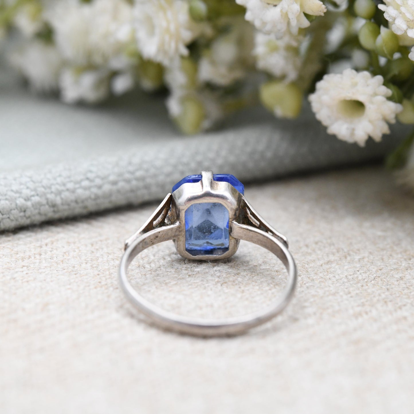 Antique Art Deco Sterling Silver Ring with Large Blue Paste Stone - c. 1920s 1930s Cocktail Statement Ring | UK Size - O | US Size - 7 1/4