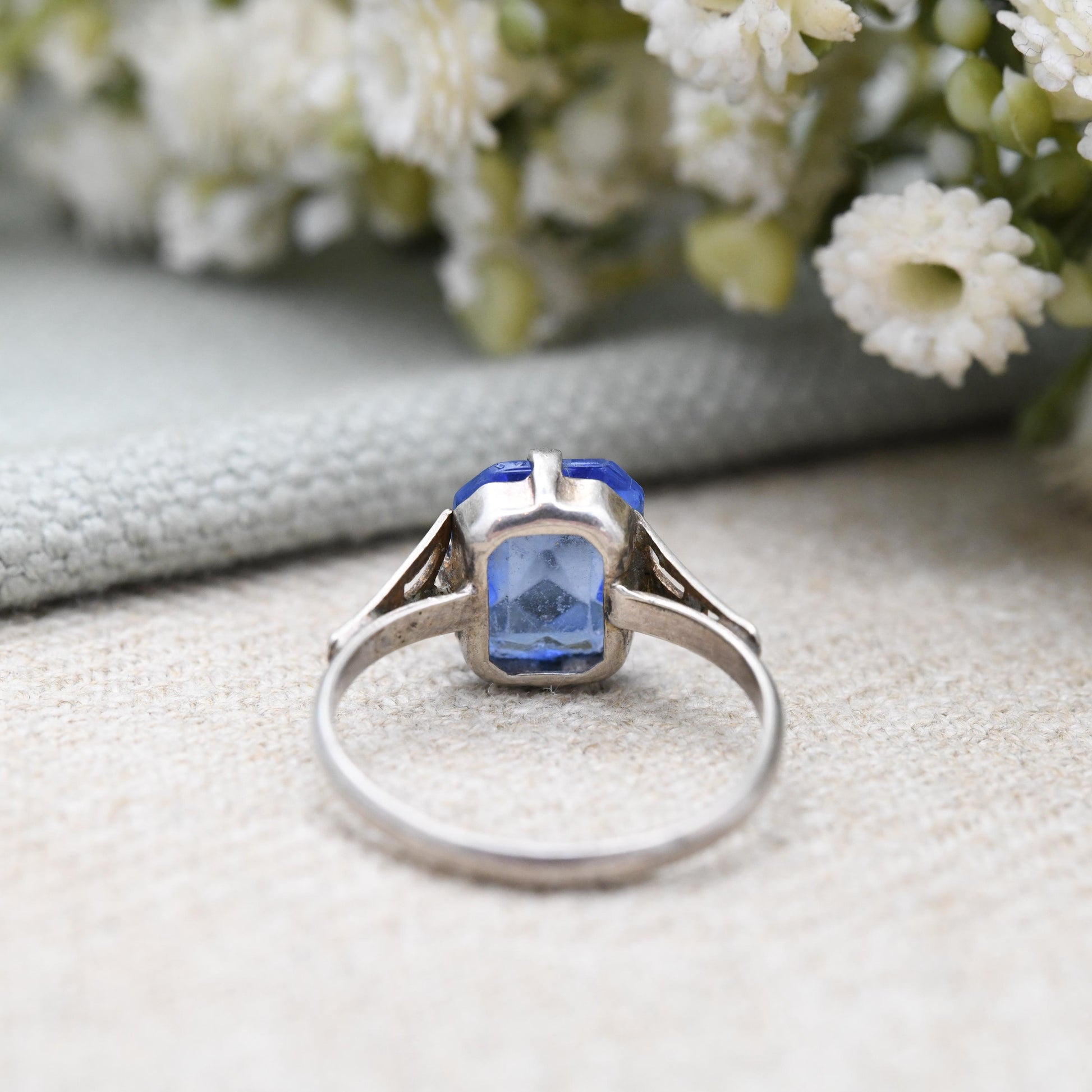 Antique Art Deco Sterling Silver Ring with Large Blue Paste Stone - c. 1920s 1930s Cocktail Statement Ring | UK Size - O | US Size - 7 1/4