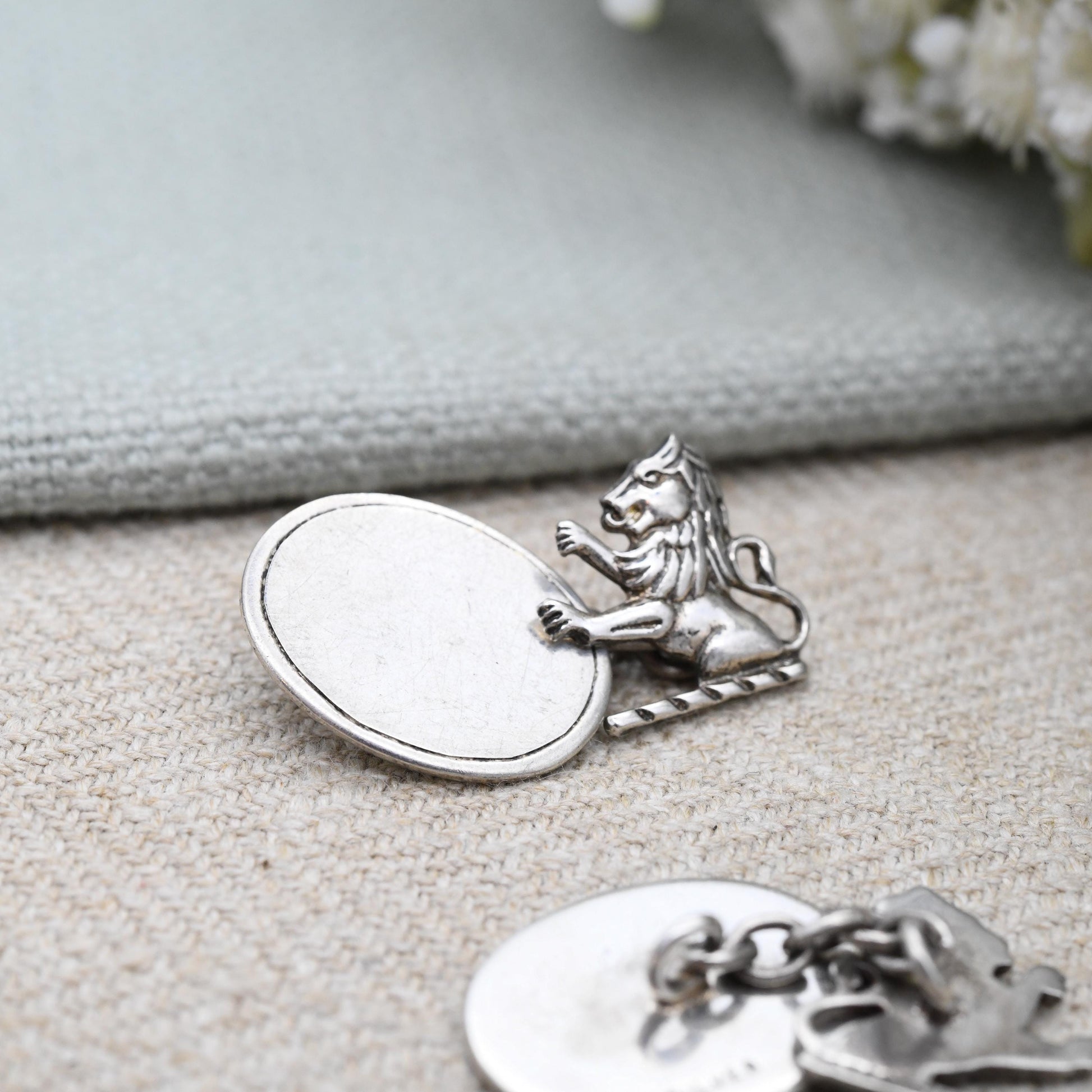 True Vintage Sterling Silver Lion Chain Style Cufflinks - Scottish Lion Rampant Textured Design Antique Gift for Son Brother Graduation Day