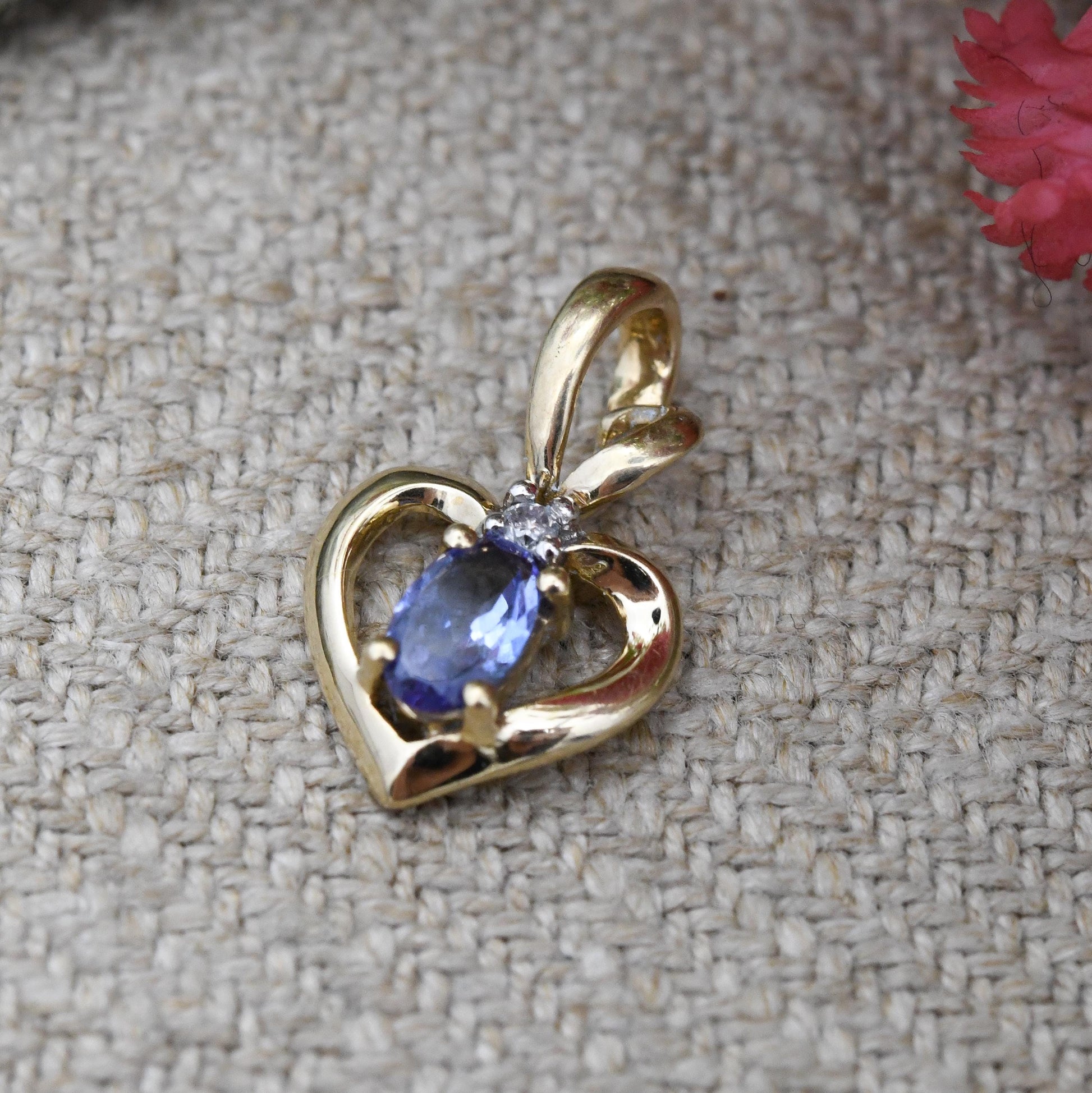 9ct Gold Tanzanite and Diamond Pendant Heart Apple Shape - Solid Gold Miniature Openwork Charm for Necklace Stack | Pretty Gift for Her