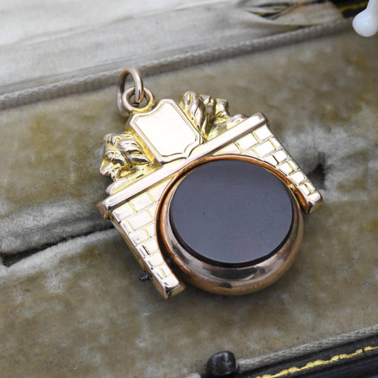 Antique 9ct Gold Gemstone Spinner Fob Pendant with Lion Heads Shield 1900 - Victorian Carnelian and Bloodstone Watch Fob for Charm Necklace