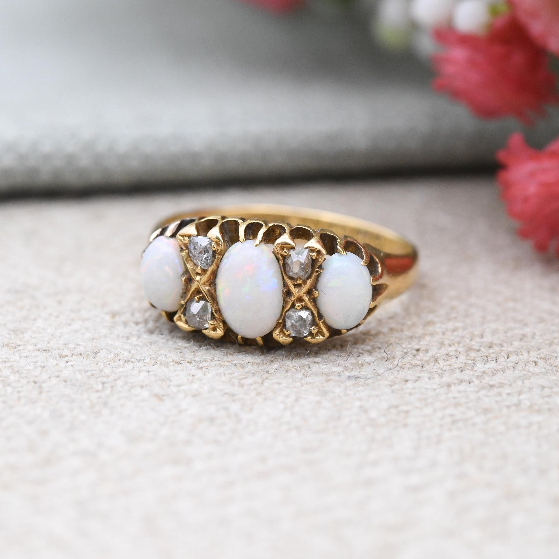 Antique 18ct Gold Opal Diamond Ring 1904 Edwardian - Oval Cabochon Three Stone with Old Cut Diamond Accents | UK Size - O | US Size - 7