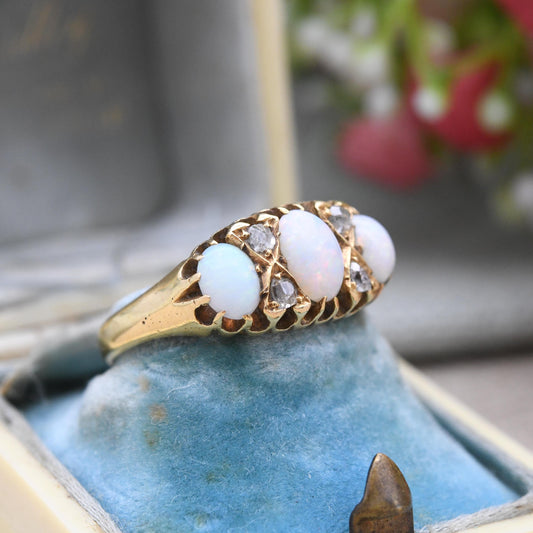 Antique 18ct Gold Opal Diamond Ring 1904 Edwardian - Oval Cabochon Three Stone with Old Cut Diamond Accents | UK Size - O | US Size - 7