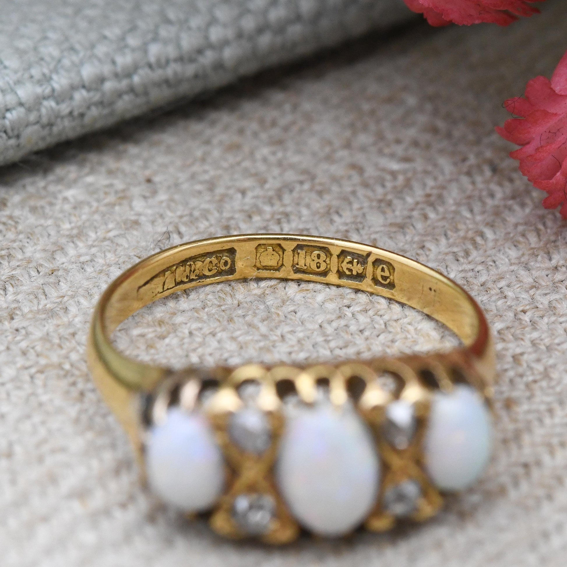 Antique 18ct Gold Opal Diamond Ring 1904 Edwardian - Oval Cabochon Three Stone with Old Cut Diamond Accents | UK Size - O | US Size - 7