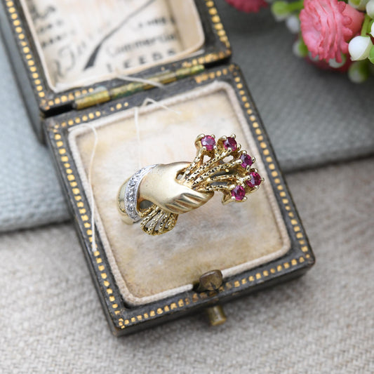 Vintage 14ct Gold Hand Ring Ruby and Diamond Hand Holding Flowers 1990 - Victorian Style Sentimental Figure Ring | UK Size N | US Size 6 3/4
