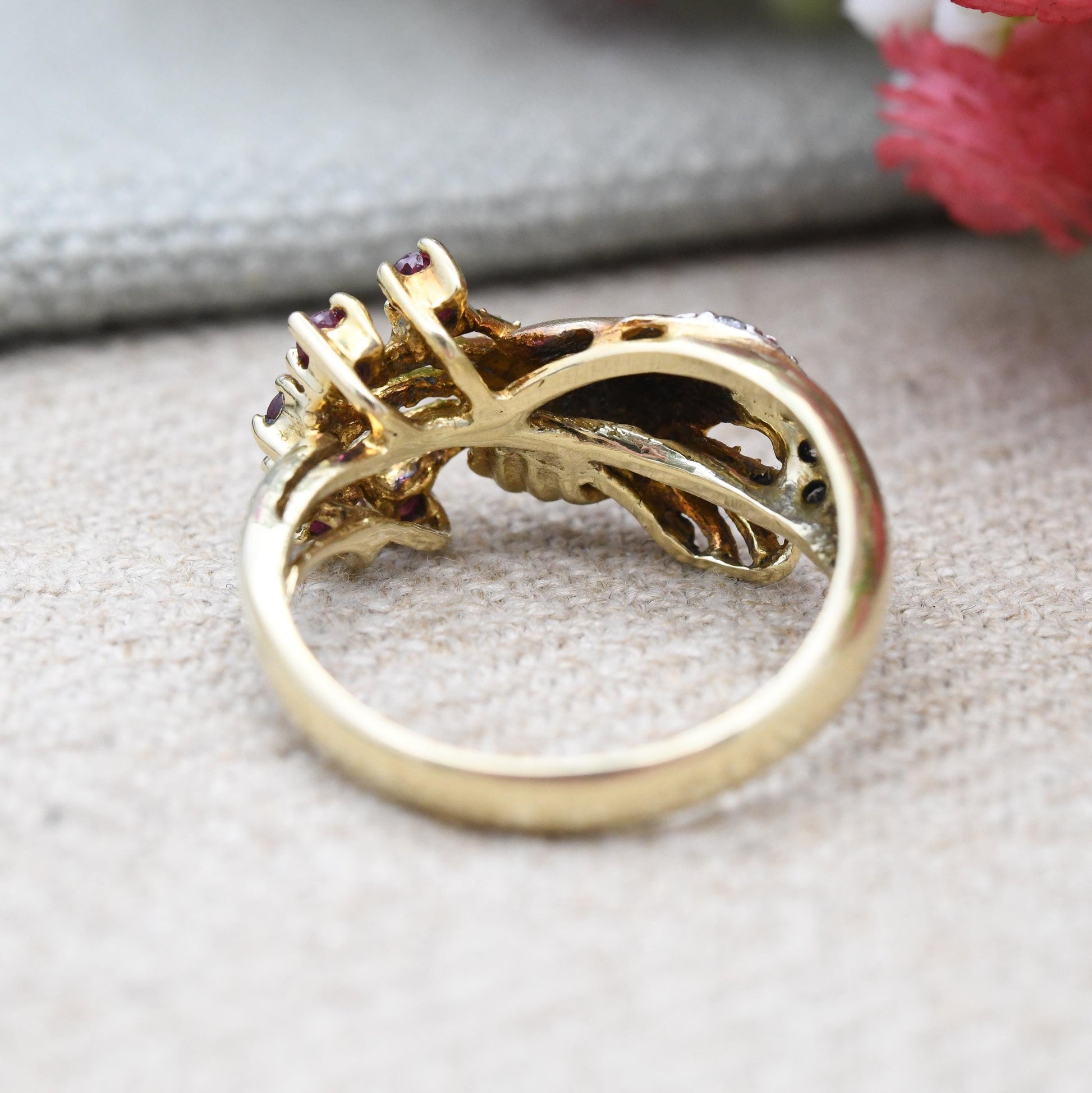 Vintage 14ct Gold Hand Ring Ruby and Diamond Hand Holding Flowers 1990 - Victorian Style Sentimental Figure Ring | UK Size N | US Size 6 3/4