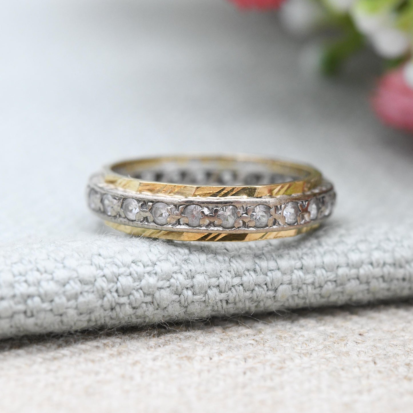 Vintage 18ct Gold Eternity Ring c. 1960s - Two Tone White Gold Yellow Gold White Gem Stacking Ring | UK Size - L | US Size - 6
