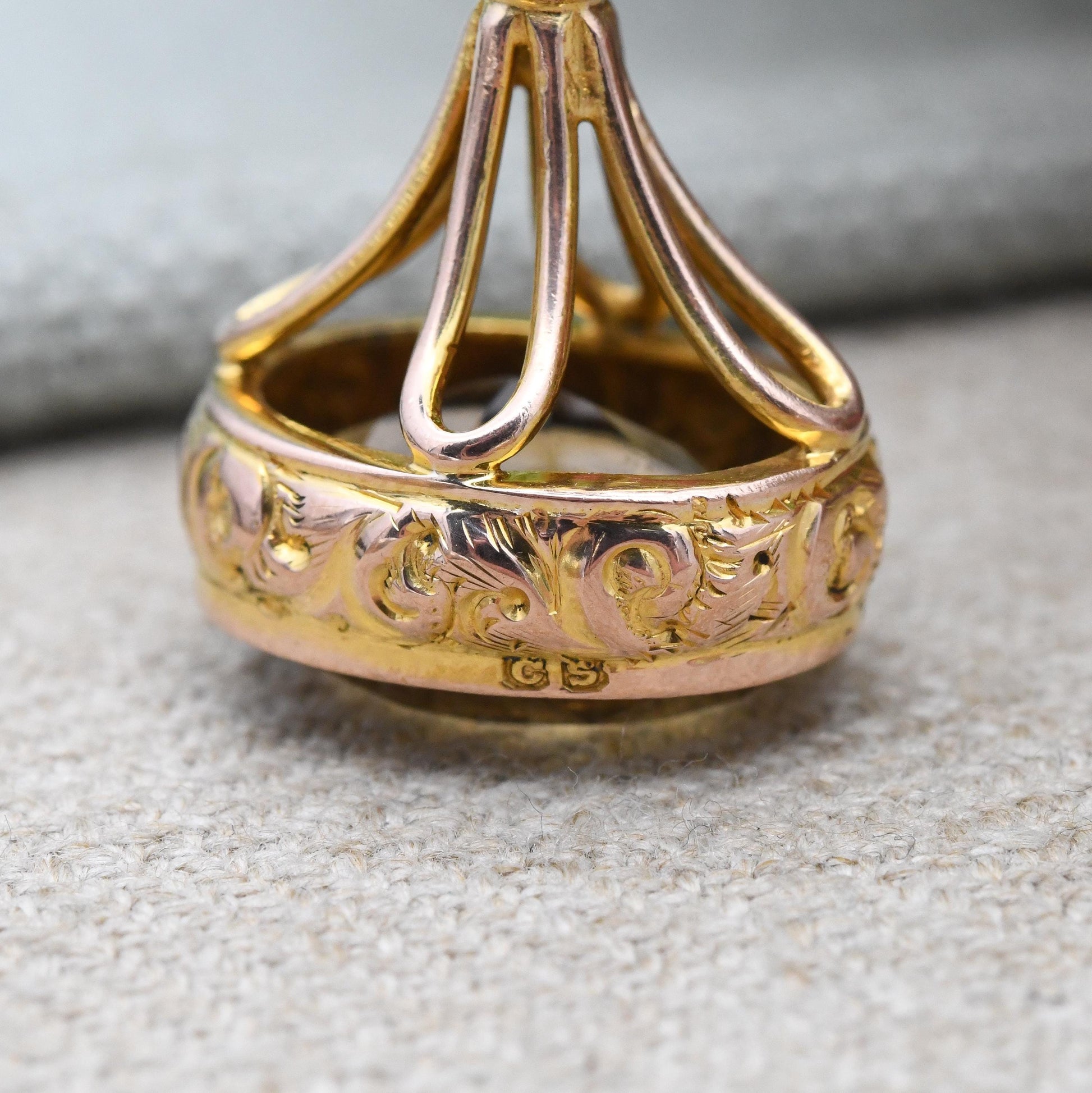 Antique 9ct Gold Fob Pendant with Citrine Gemstone 1923 CS - Embossed Floral Scrolling Pattern Large Yellow Gemstone Ornate Pretty Necklace