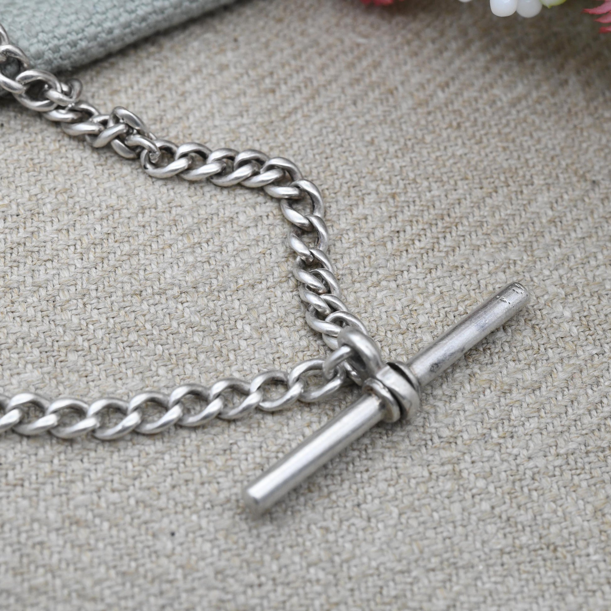 Antique Sterling Silver Double Albert Watch Chain Necklace 1919 T-Bar Pendant Dog Clips - Hallmarks Lion Stamped to Every Link | 41.5cm 16"