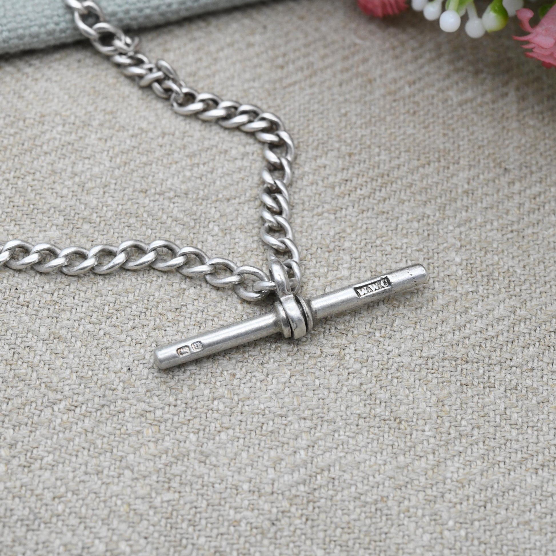 Antique Sterling Silver Double Albert Watch Chain Necklace 1919 T-Bar Pendant Dog Clips - Hallmarks Lion Stamped to Every Link | 41.5cm 16"