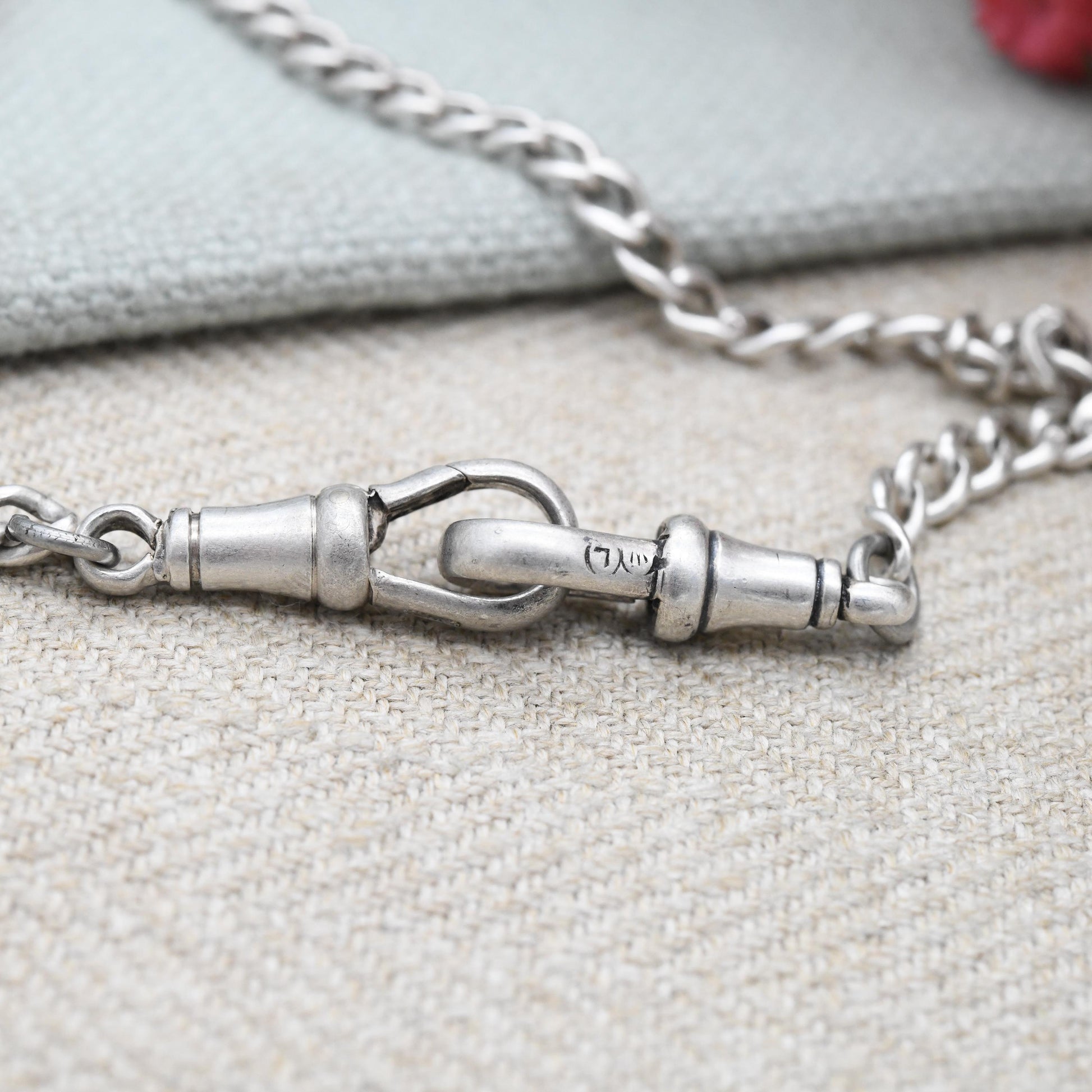 Antique Sterling Silver Double Albert Watch Chain Necklace 1919 T-Bar Pendant Dog Clips - Hallmarks Lion Stamped to Every Link | 41.5cm 16"
