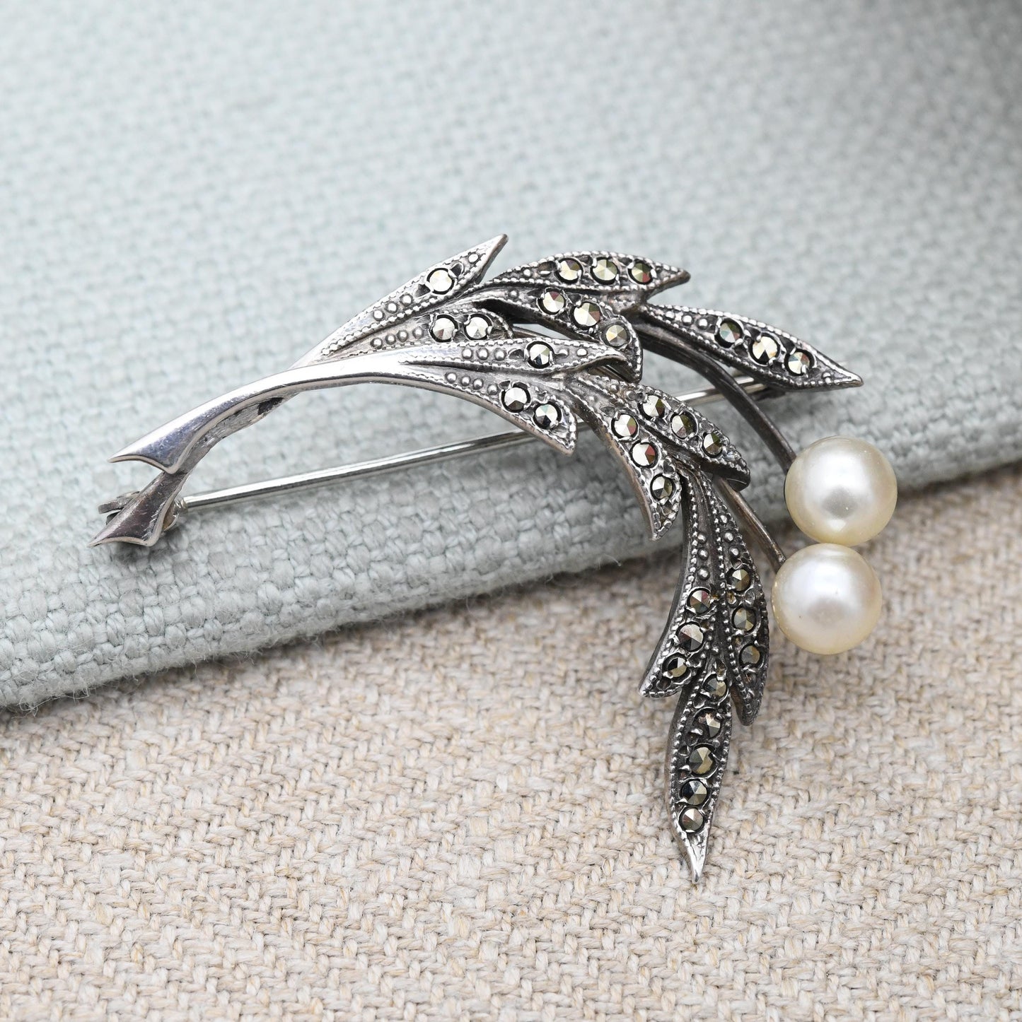 Antique TLM Silver Marcasite Flower Brooch with Faux Pearl Thomas L Mott Designer - Art Deco Era Sparkly Statement Pin | Made in England
