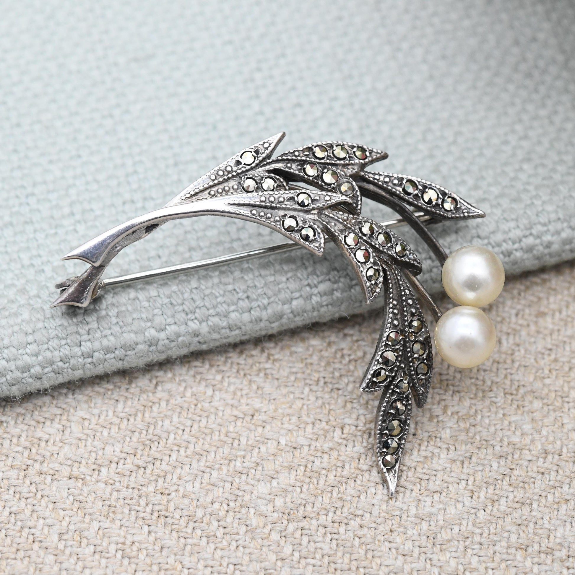Antique TLM Silver Marcasite Flower Brooch with Faux Pearl Thomas L Mott Designer - Art Deco Era Sparkly Statement Pin | Made in England