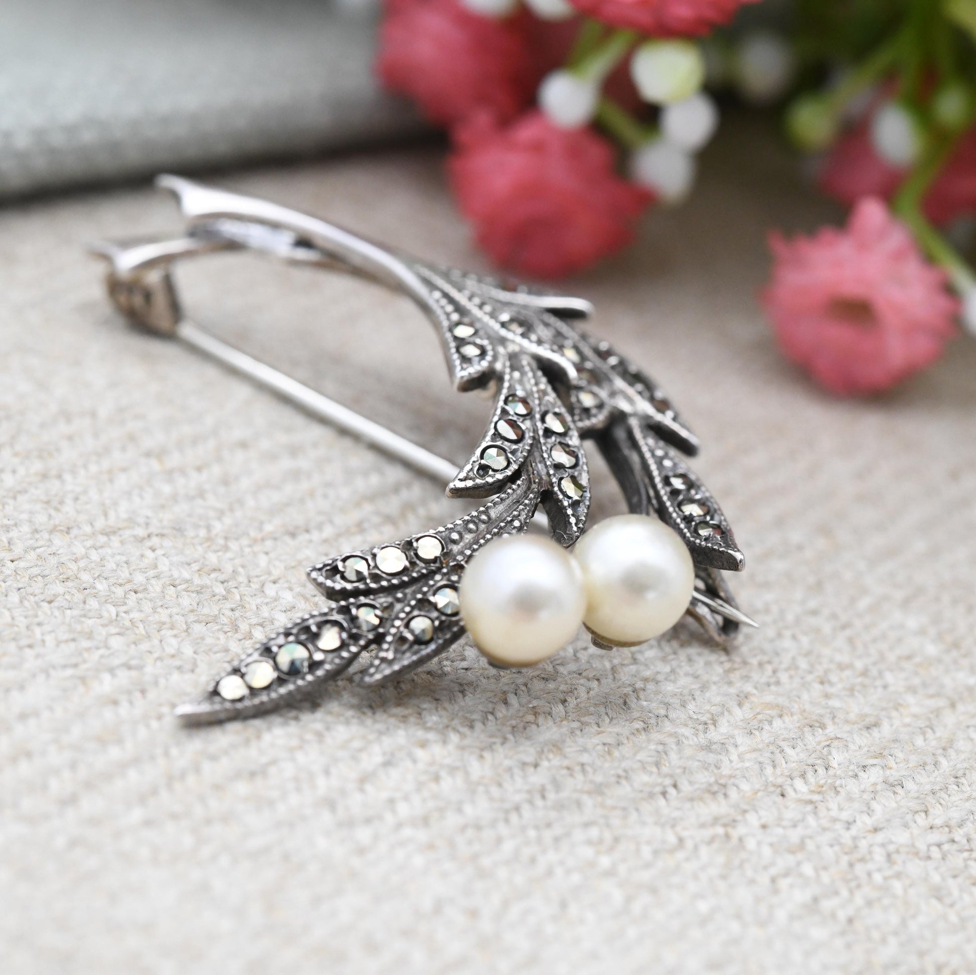 Antique TLM Silver Marcasite Flower Brooch with Faux Pearl Thomas L Mott Designer - Art Deco Era Sparkly Statement Pin | Made in England