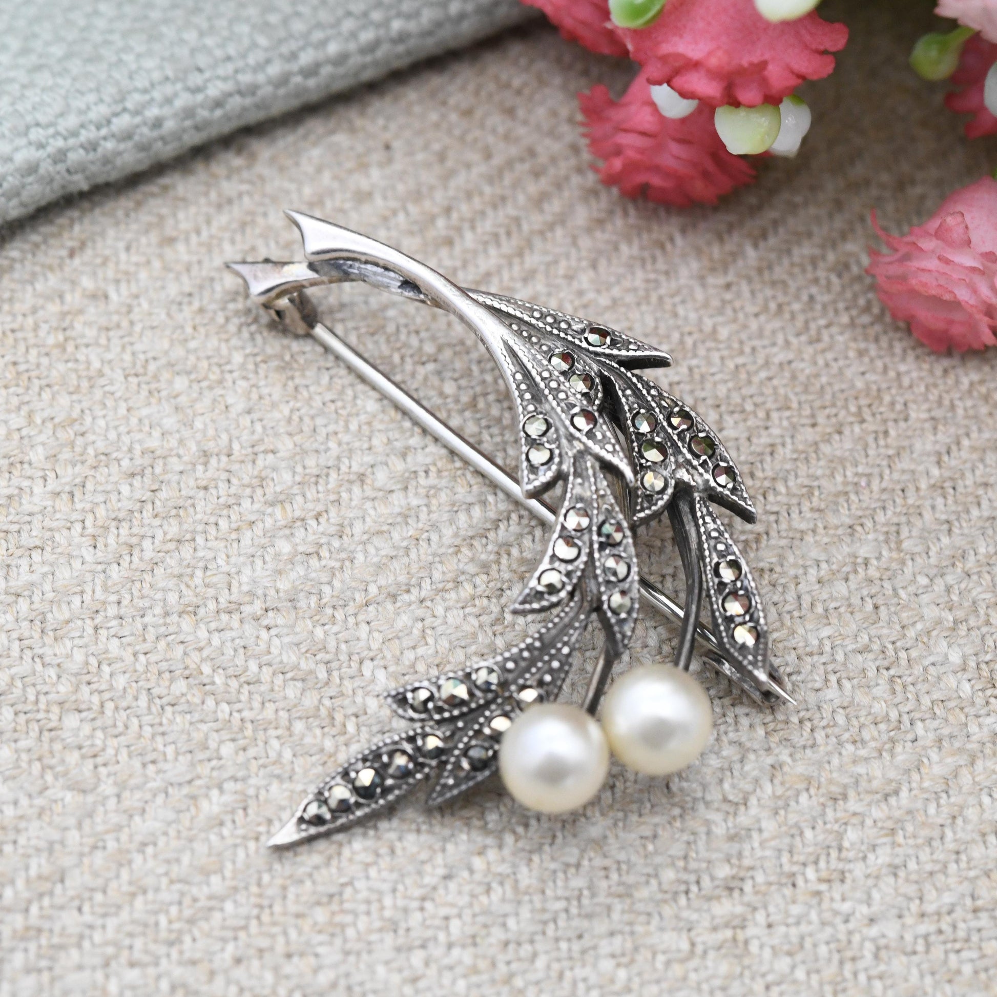 Antique TLM Silver Marcasite Flower Brooch with Faux Pearl Thomas L Mott Designer - Art Deco Era Sparkly Statement Pin | Made in England