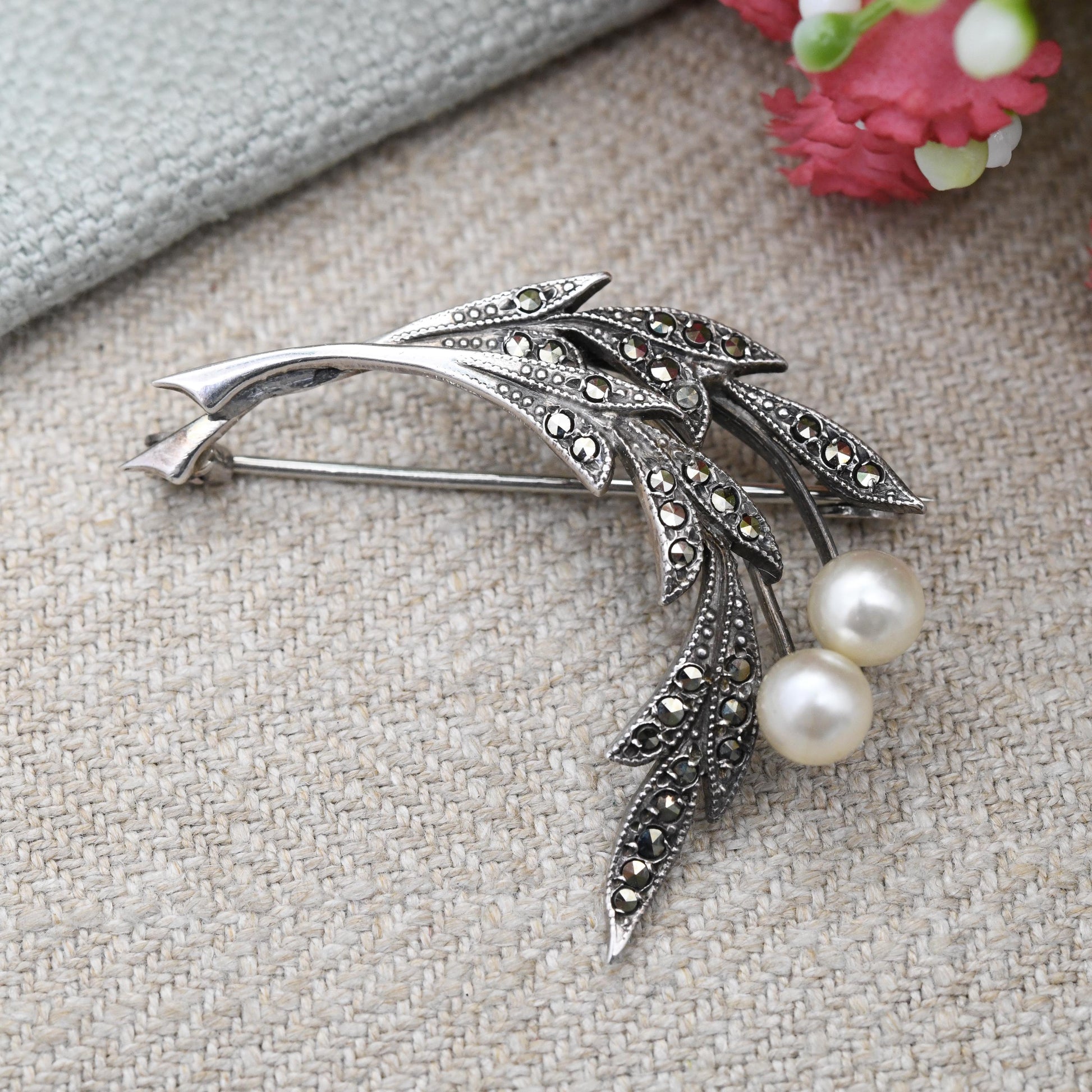 Antique TLM Silver Marcasite Flower Brooch with Faux Pearl Thomas L Mott Designer - Art Deco Era Sparkly Statement Pin | Made in England