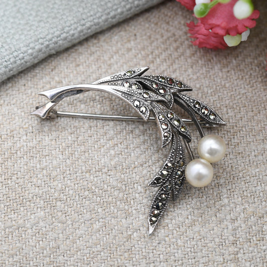 Antique TLM Silver Marcasite Flower Brooch with Faux Pearl Thomas L Mott Designer - Art Deco Era Sparkly Statement Pin | Made in England