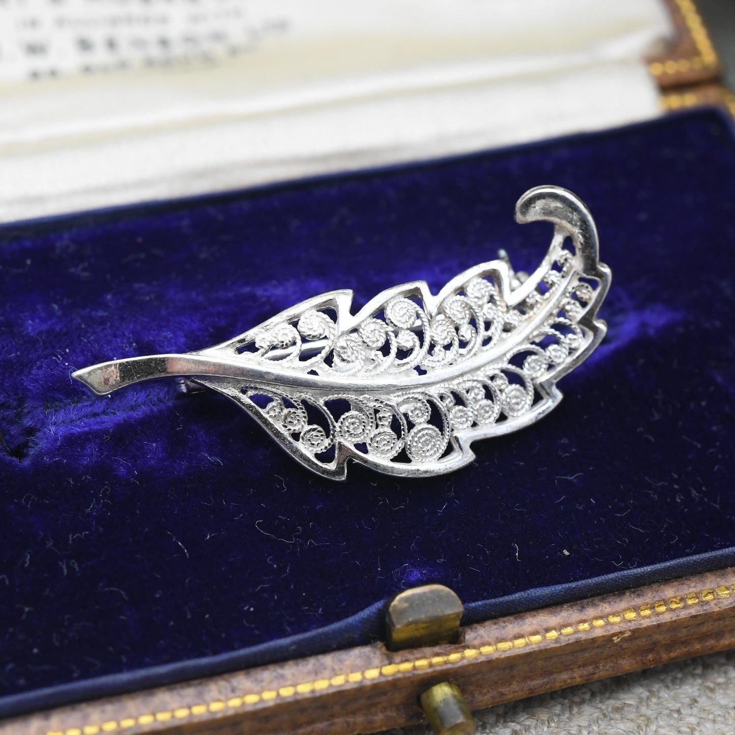 Vintage Sterling Silver Filigree Leaf Brooch - Openwork Scrolling Wirework Design