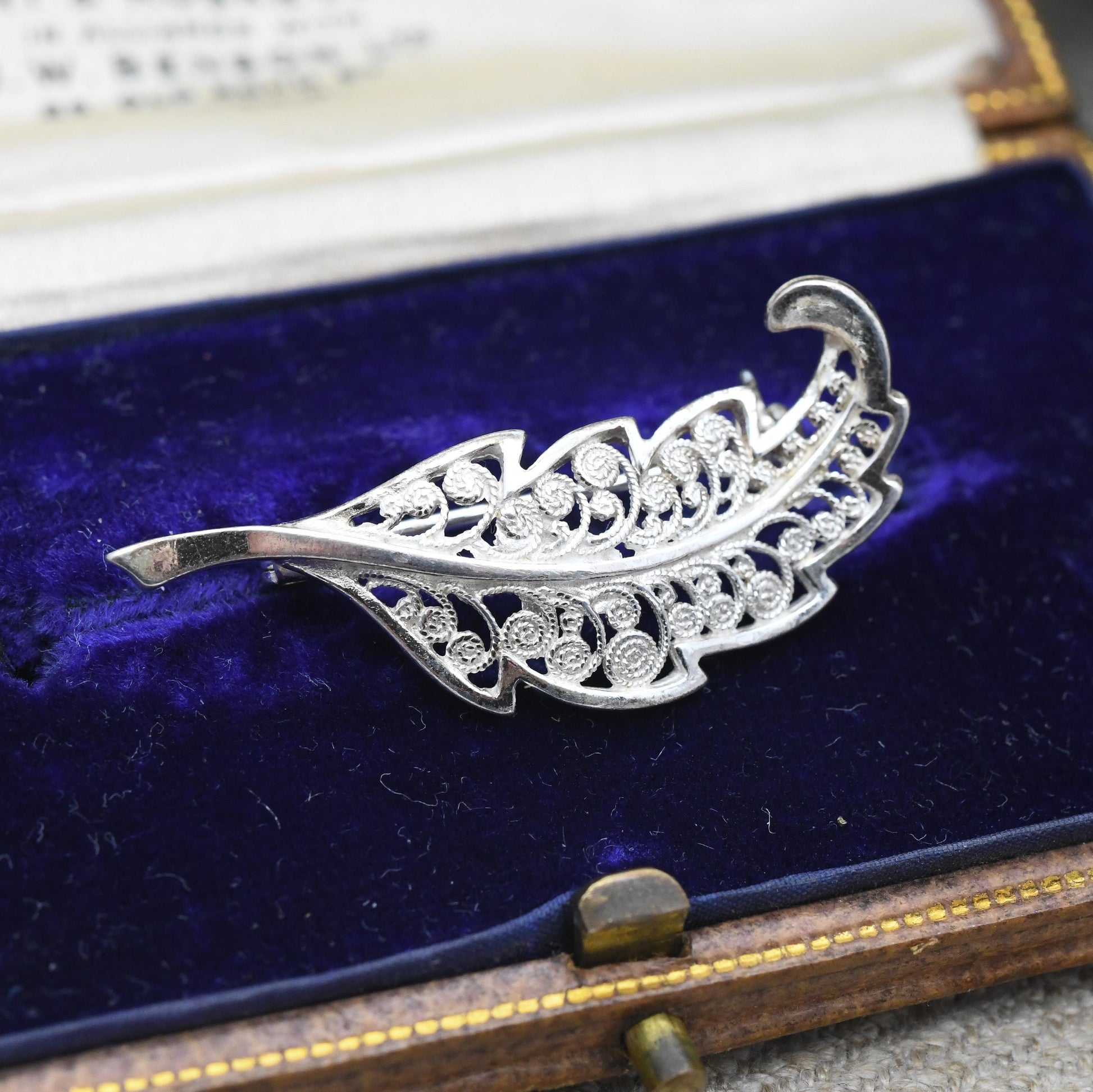 Vintage Sterling Silver Filigree Leaf Brooch - Openwork Scrolling Wirework Design