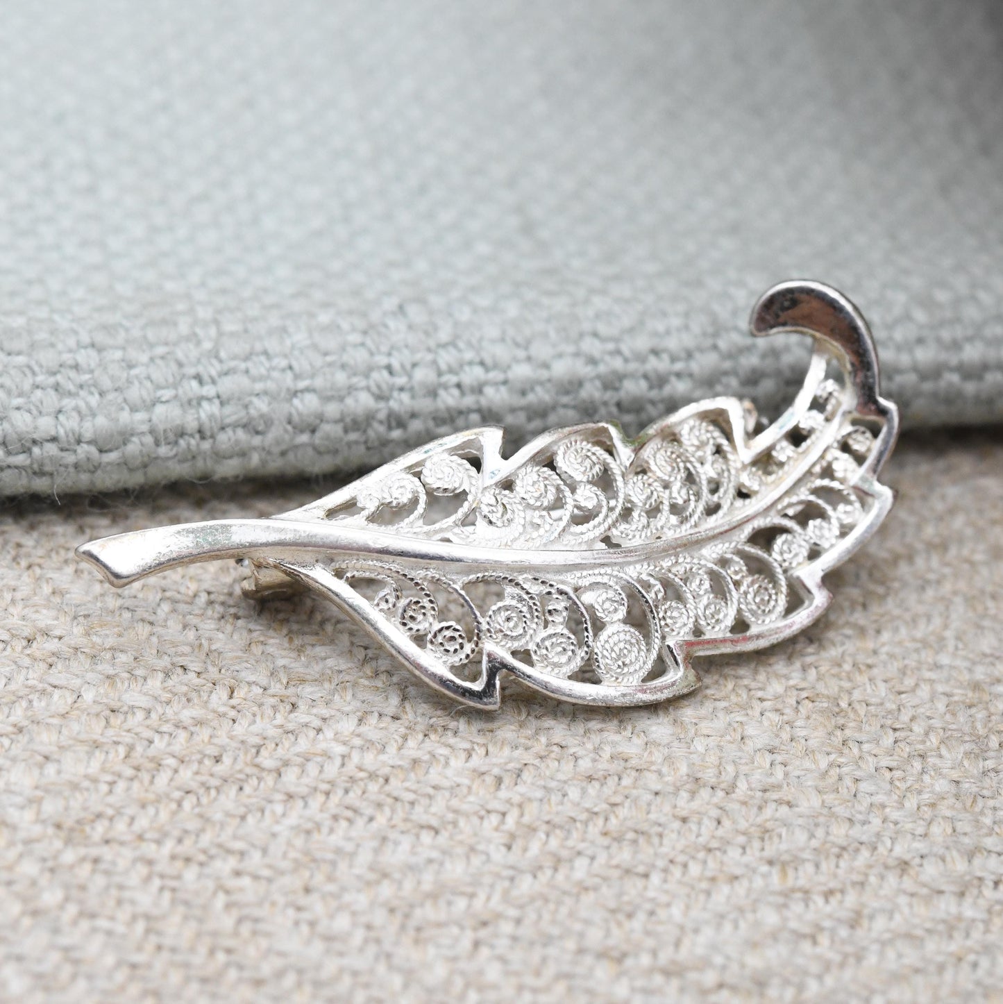 Vintage Sterling Silver Filigree Leaf Brooch - Openwork Scrolling Wirework Design
