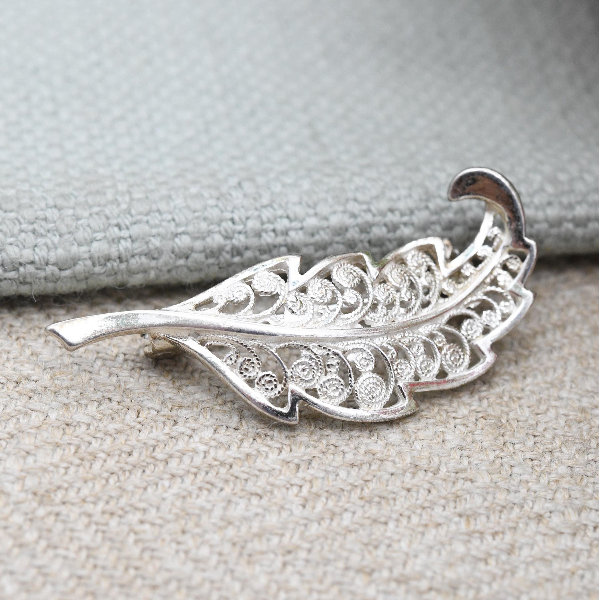 Vintage Sterling Silver Filigree Leaf Brooch - Openwork Scrolling Wirework Design