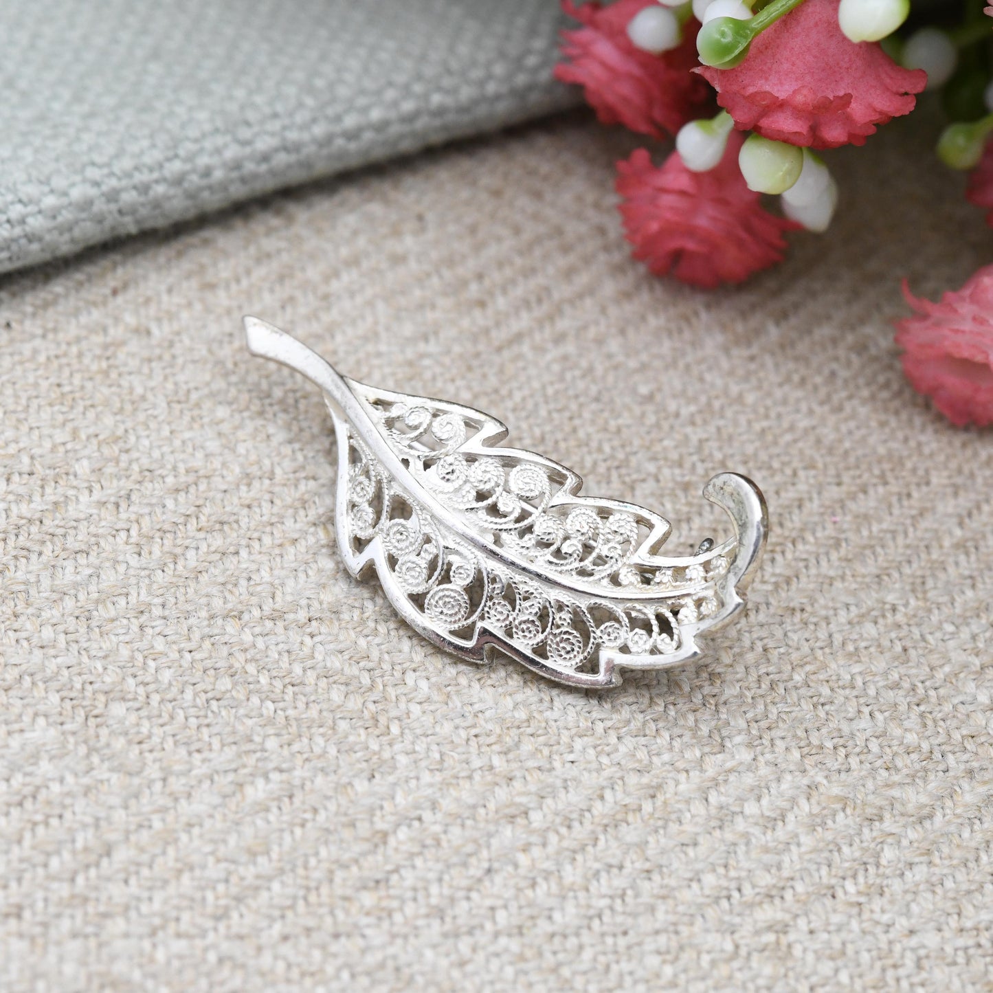 Vintage Sterling Silver Filigree Leaf Brooch - Openwork Scrolling Wirework Design