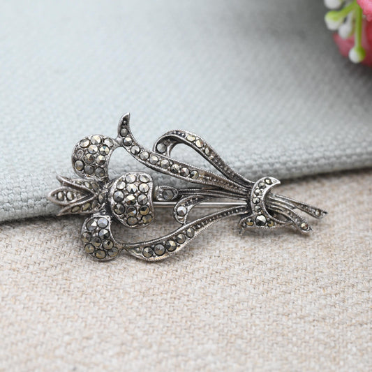 Vintage Sterling Silver Marcasite Flower Brooch c. 1960s - Sparkly Statement Pin