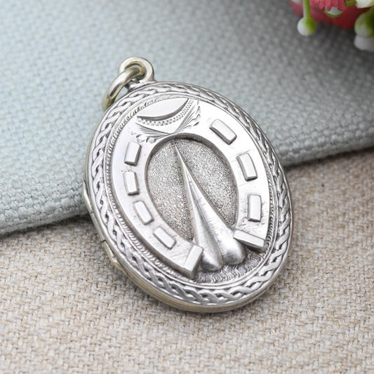Antique Victorian Horseshoe Locket Pendant Sterling Silver Back and Front - Ornate Large Oval Necklace Pendant | Hand Engraved Aesthetic