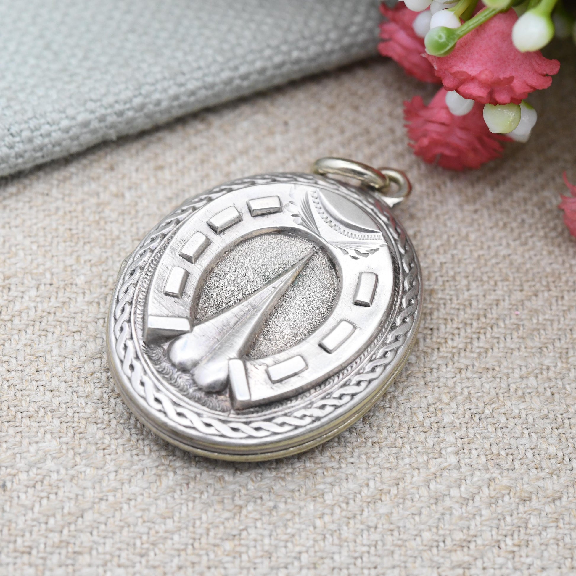 Antique Victorian Horseshoe Locket Pendant Sterling Silver Back and Front - Ornate Large Oval Necklace Pendant | Hand Engraved Aesthetic