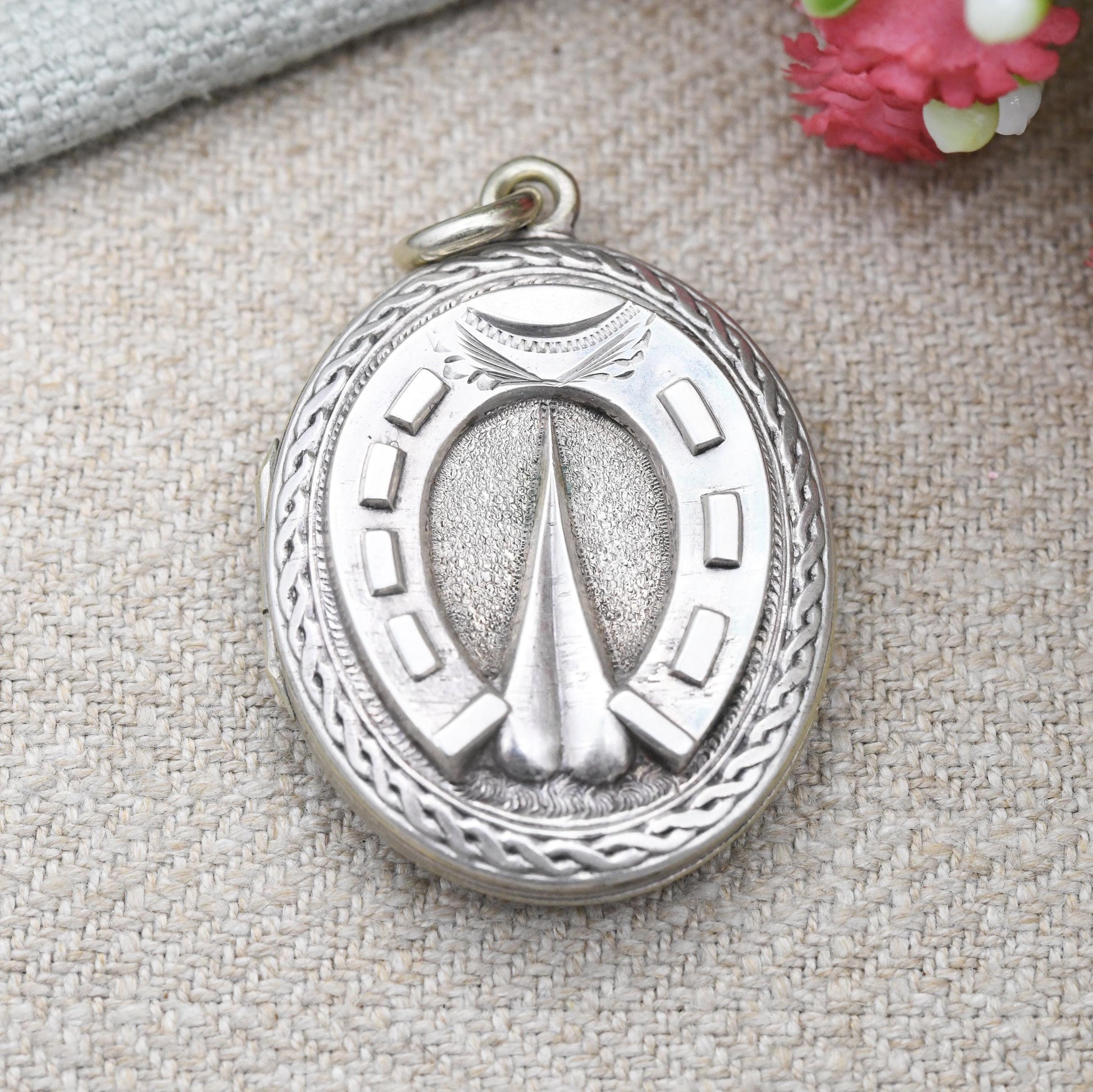 Antique Victorian Horseshoe Locket Pendant Sterling Silver Back and Front - Ornate Large Oval Necklace Pendant | Hand Engraved Aesthetic