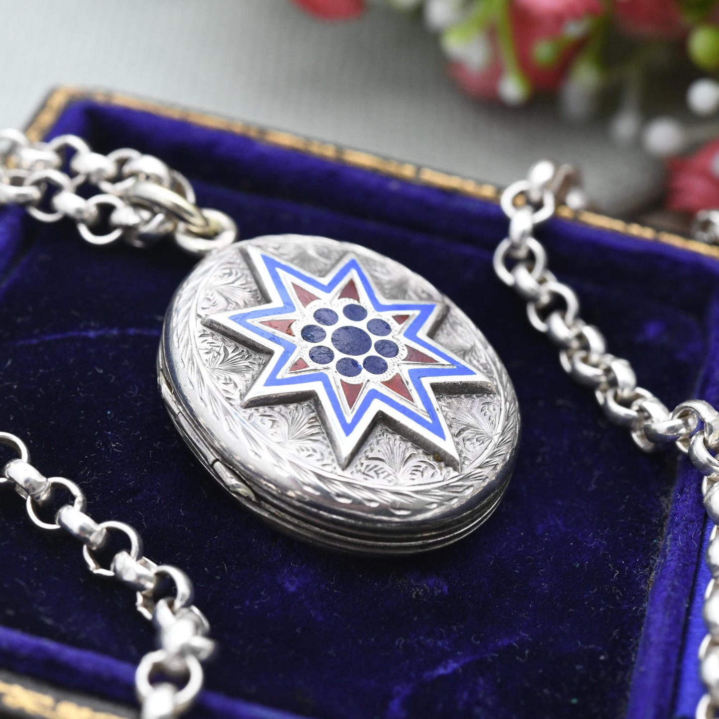 Antique Victorian Sterling Silver Locket Enamel Star Design - Engraved Quatrefoil Ornate Aesthetic Movement Oval Pendant on Chunky Chain