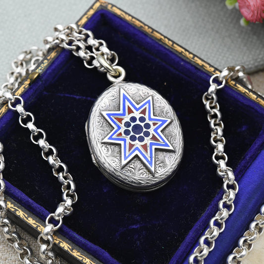 Antique Victorian Sterling Silver Locket Enamel Star Design - Engraved Quatrefoil Ornate Aesthetic Movement Oval Pendant on Chunky Chain