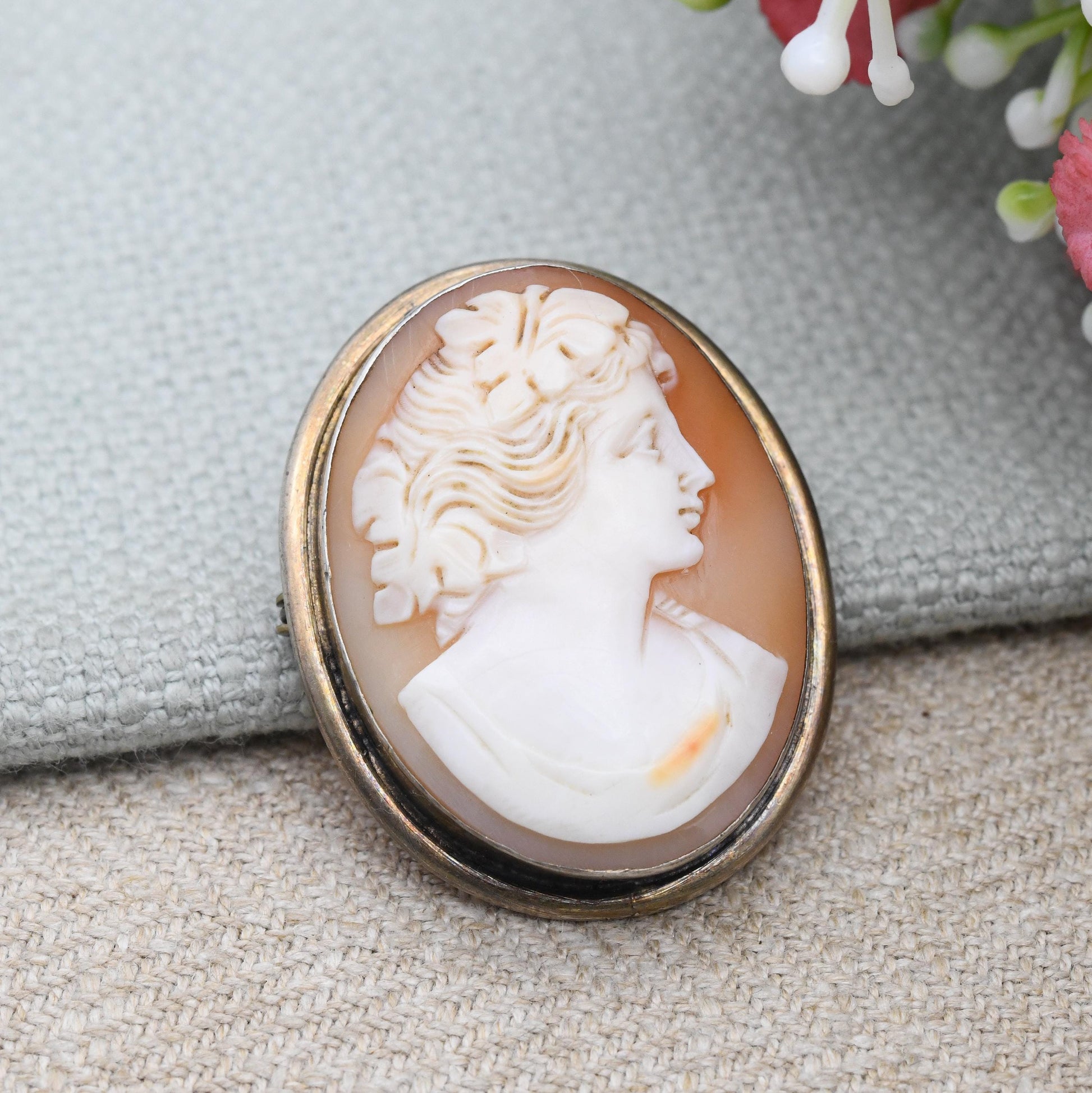 Vintage European Silver Cameo Brooch - Carved Shell Woman Profile Portrait