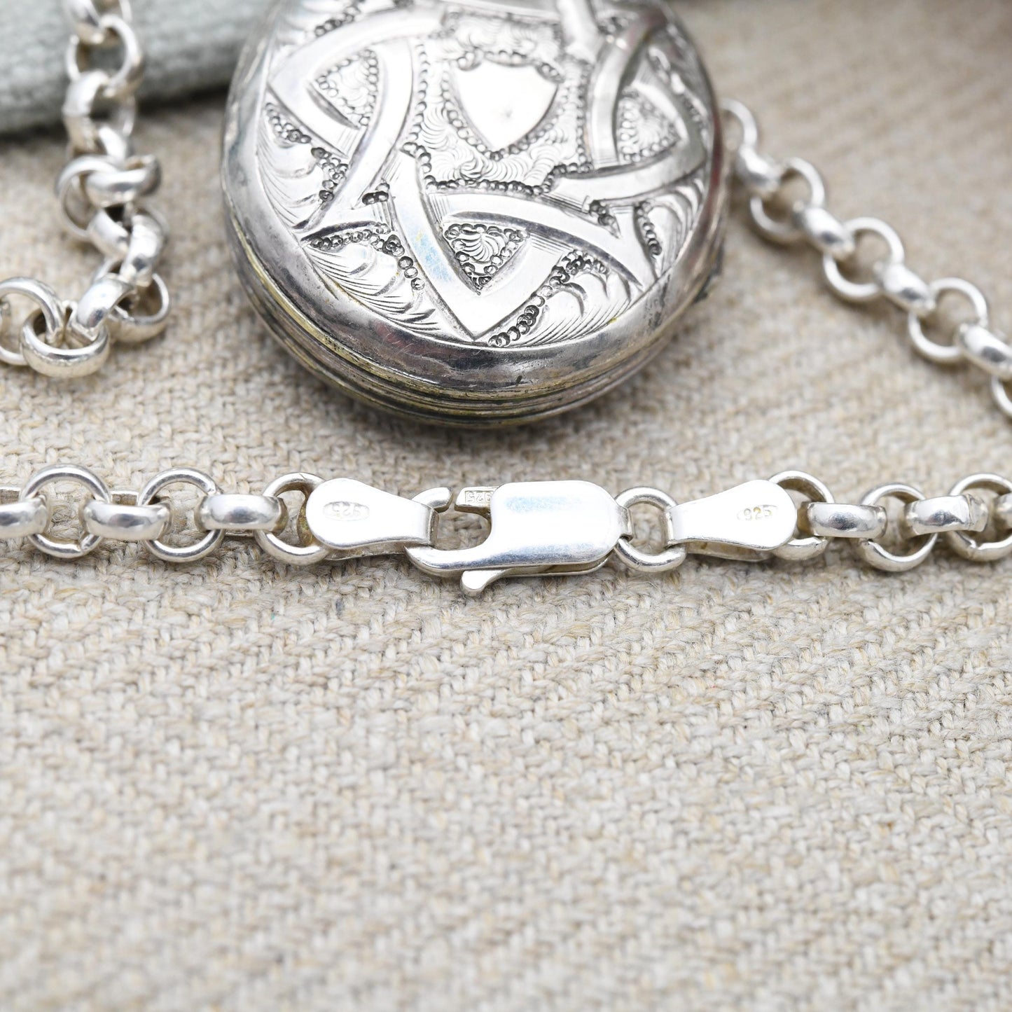 Antique Victorian Sterling Silver Locket Enamel Star Design - Engraved Quatrefoil Ornate Aesthetic Movement Oval Pendant on Chunky Chain
